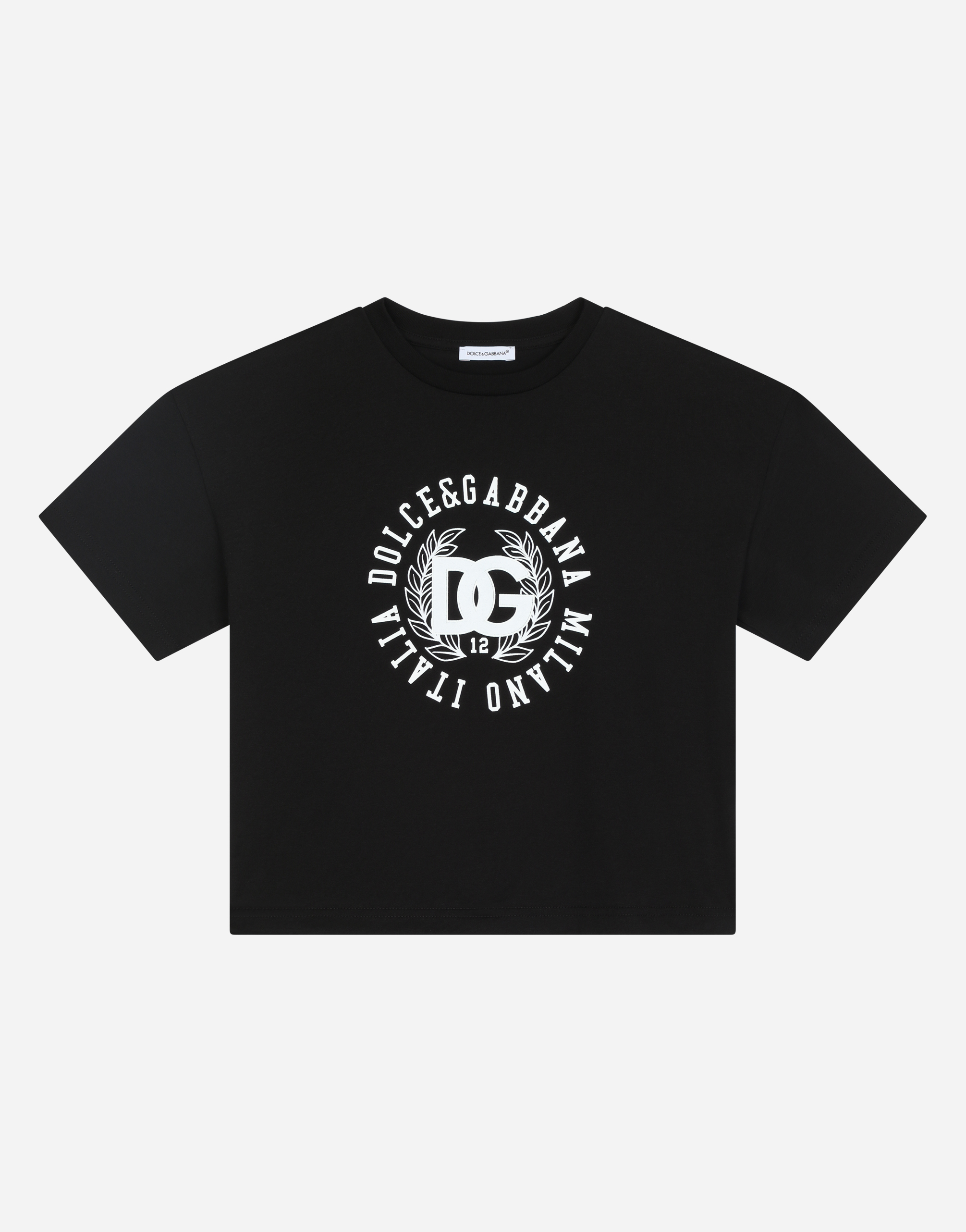 Jersey round-neck T-shirt with DG laurel print in Black