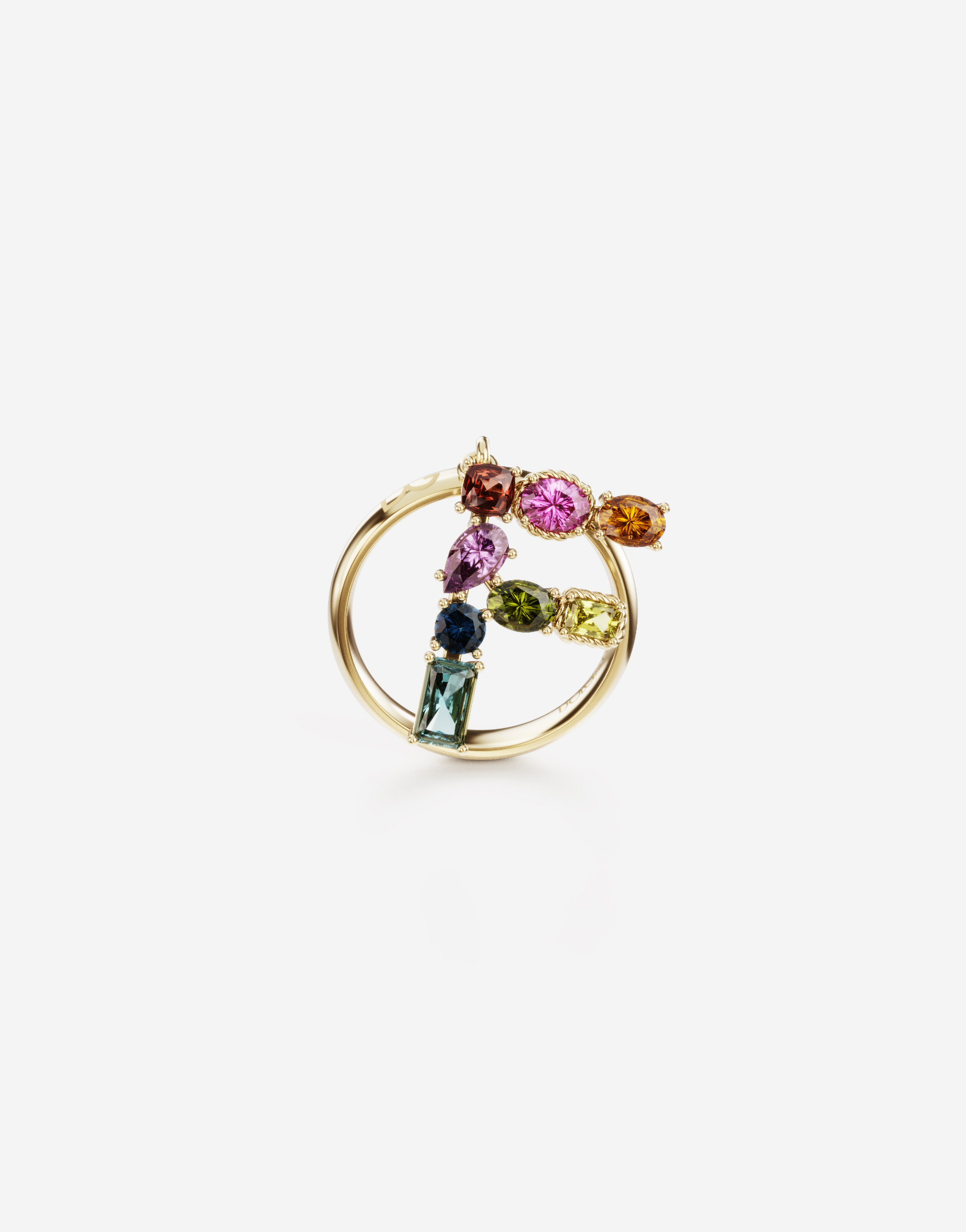 Rainbow alphabet F ring in yellow gold with multicolor fine gems in Gold