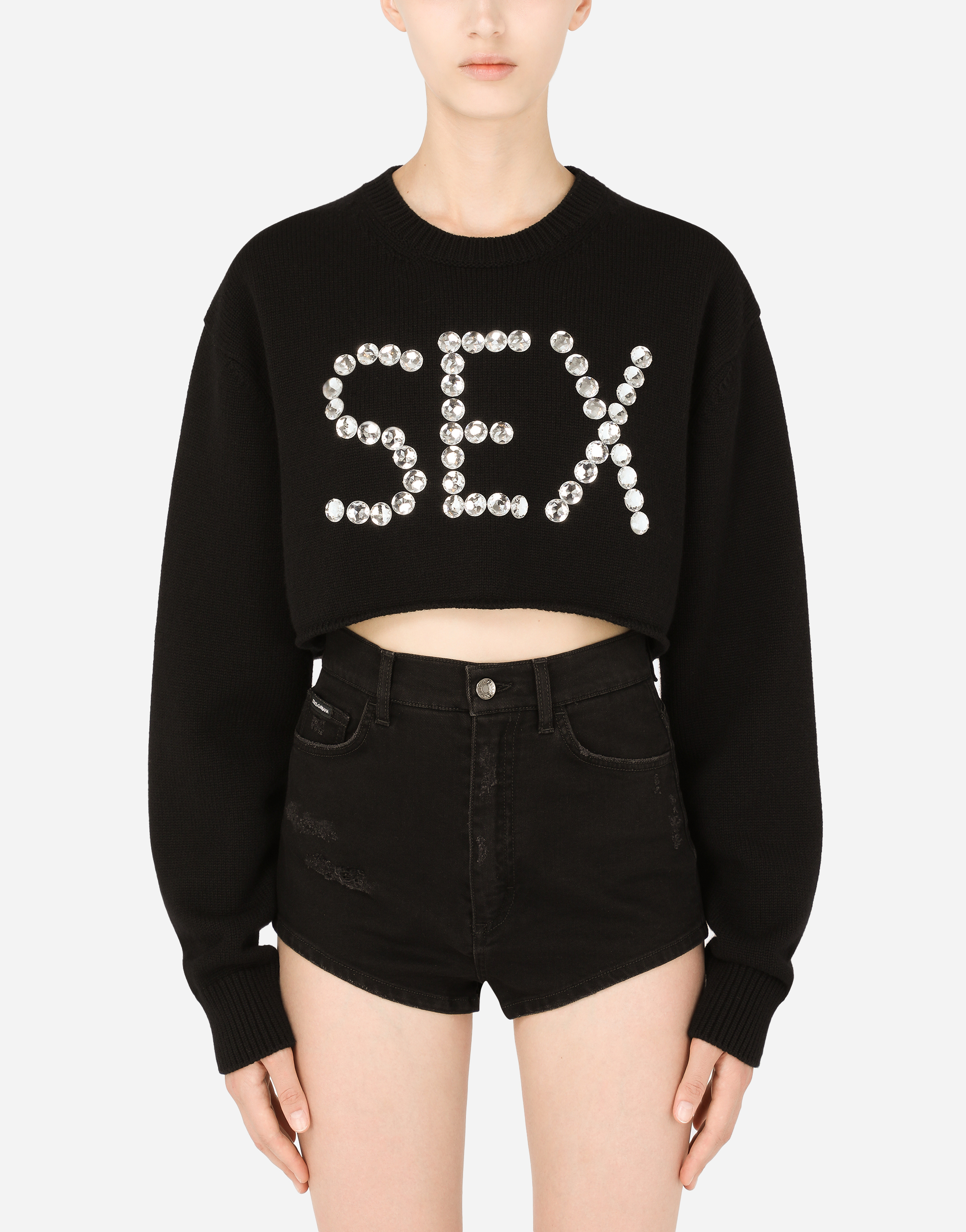 Cashmere sweater with rhinestone embellishment in Black
