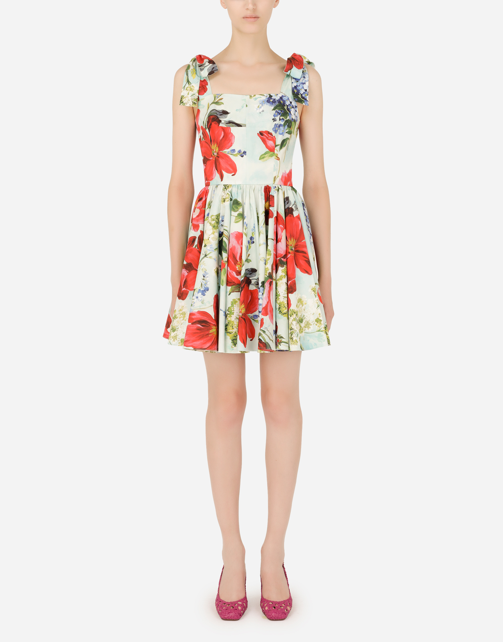 Short garden-print poplin dress in Multicolor