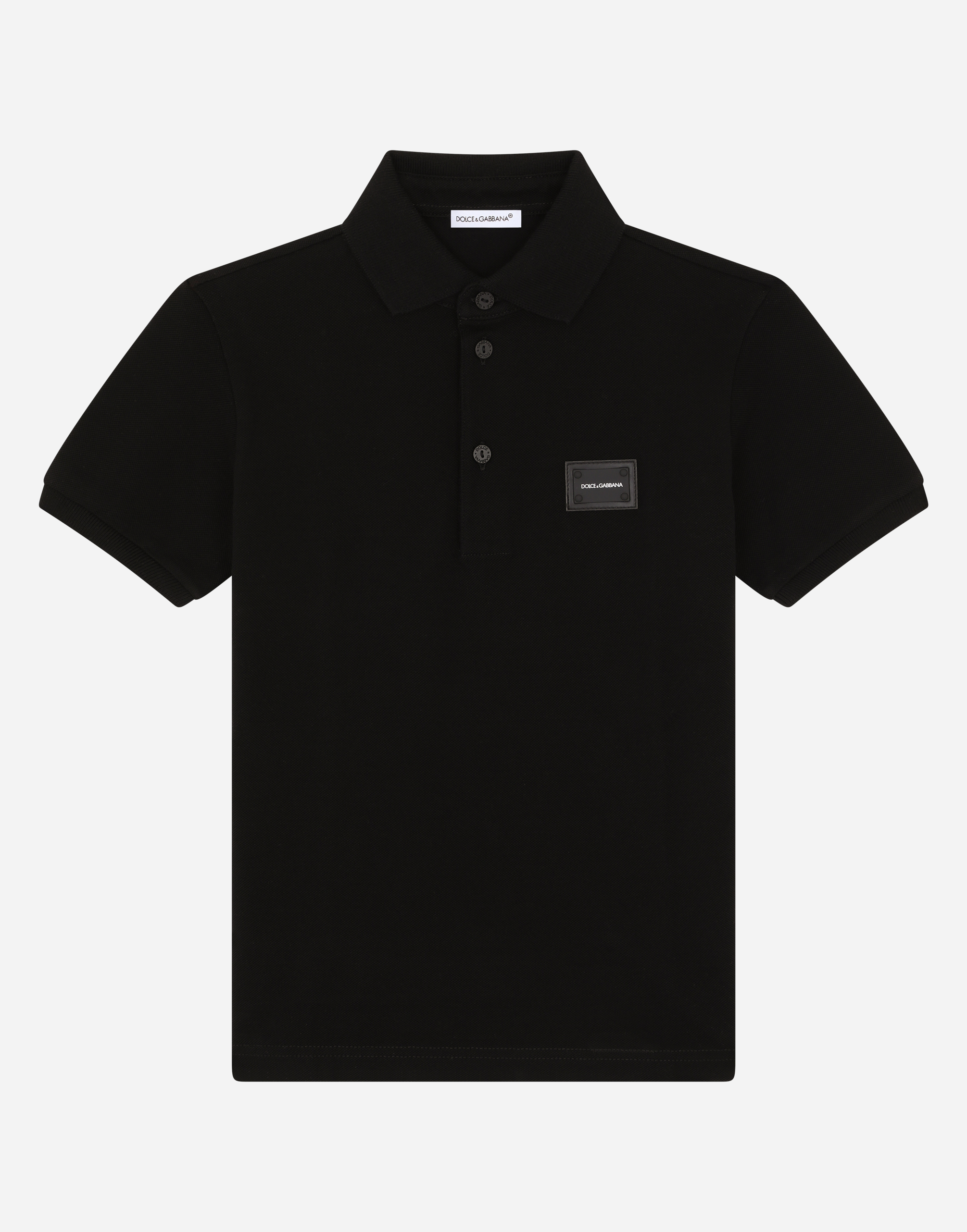 Cotton piqué polo-shirt with logo plate in Black