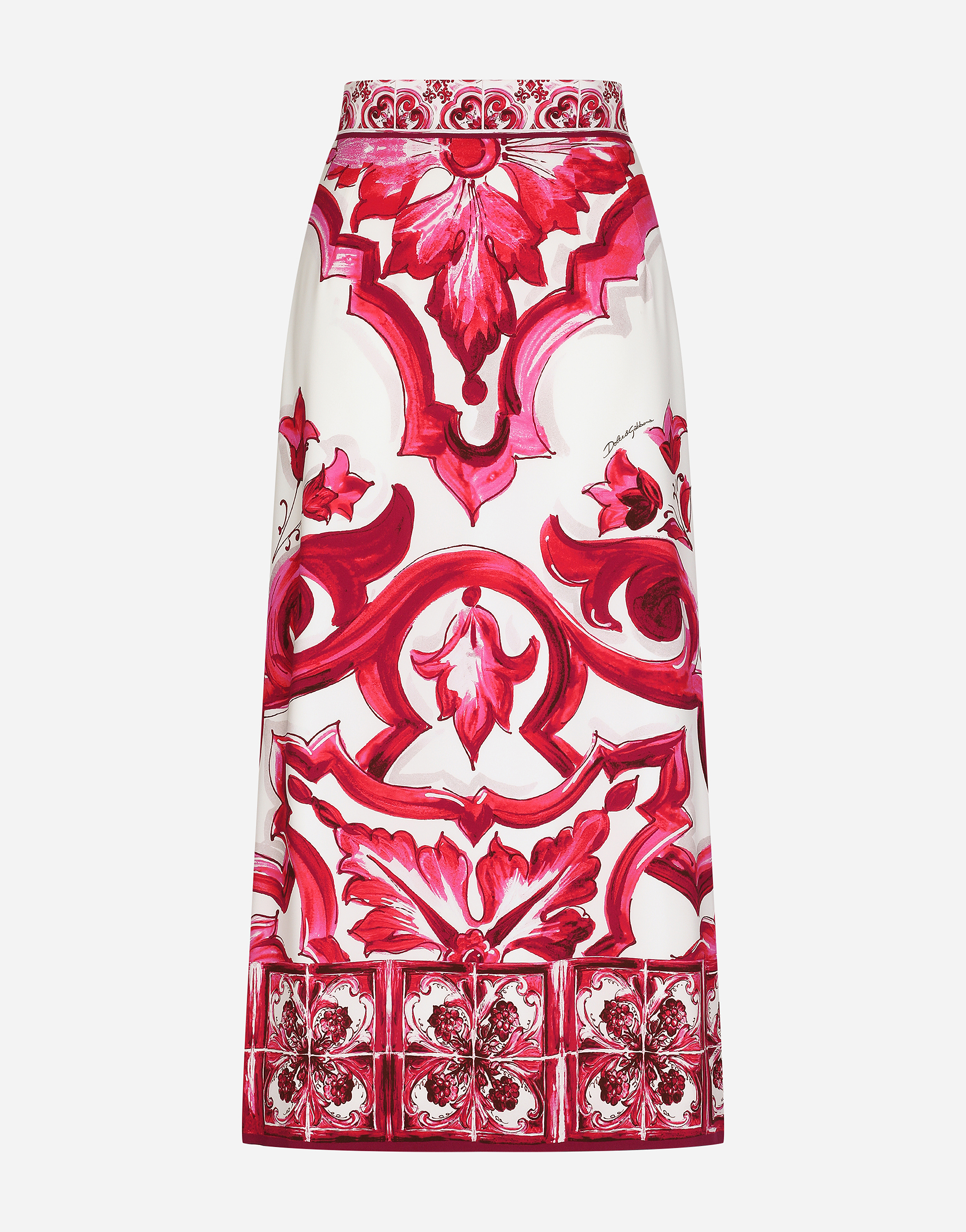Majolica-print charmeuse calf-length skirt with slit in Multicolor