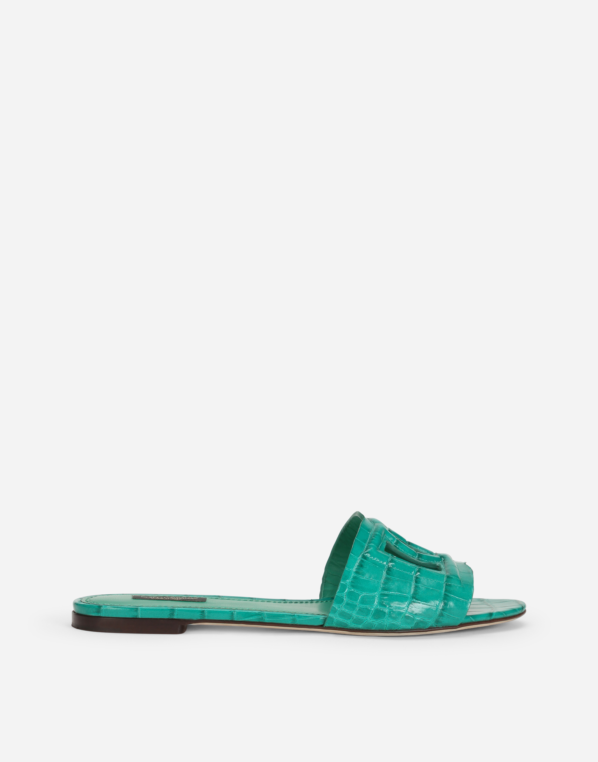 Crocodile flank leather sliders with the DG Millennials logo in Green