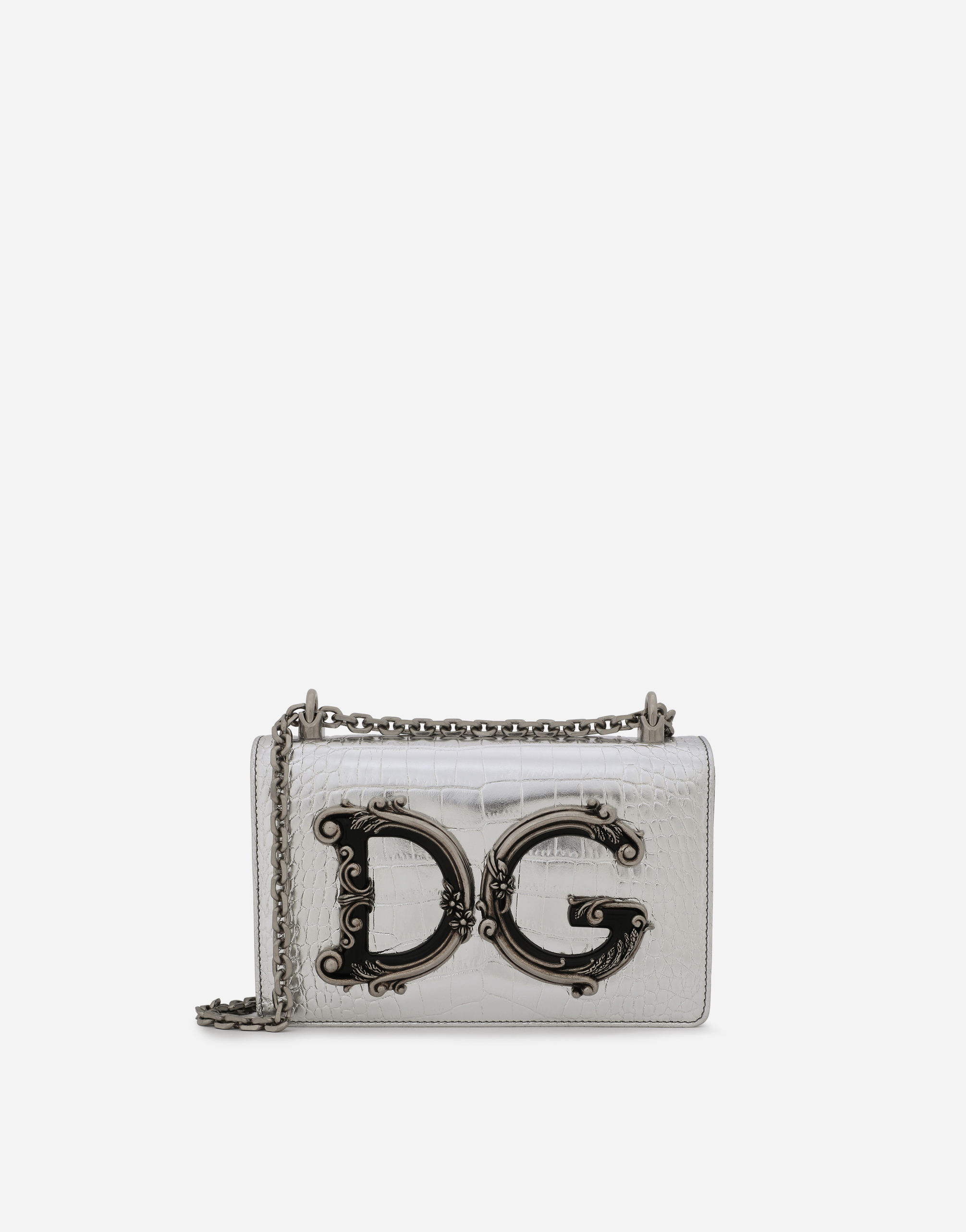 Foiled crocodile-print calfskin DG Girls bag in Silver