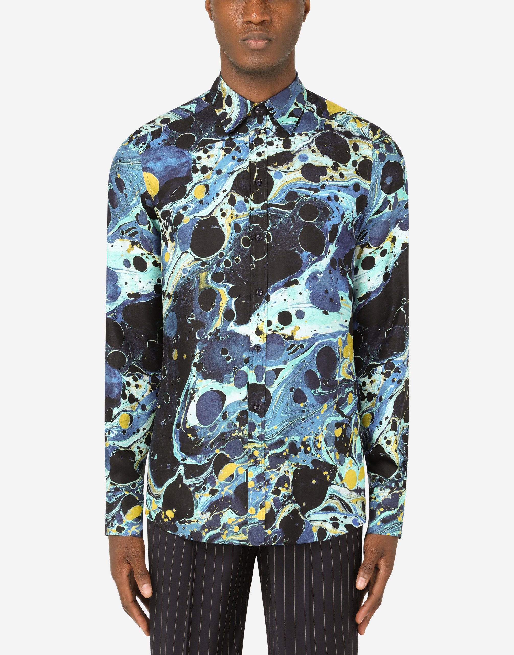 Silk Martini-fit shirt with blue marbled print in Multicolor
