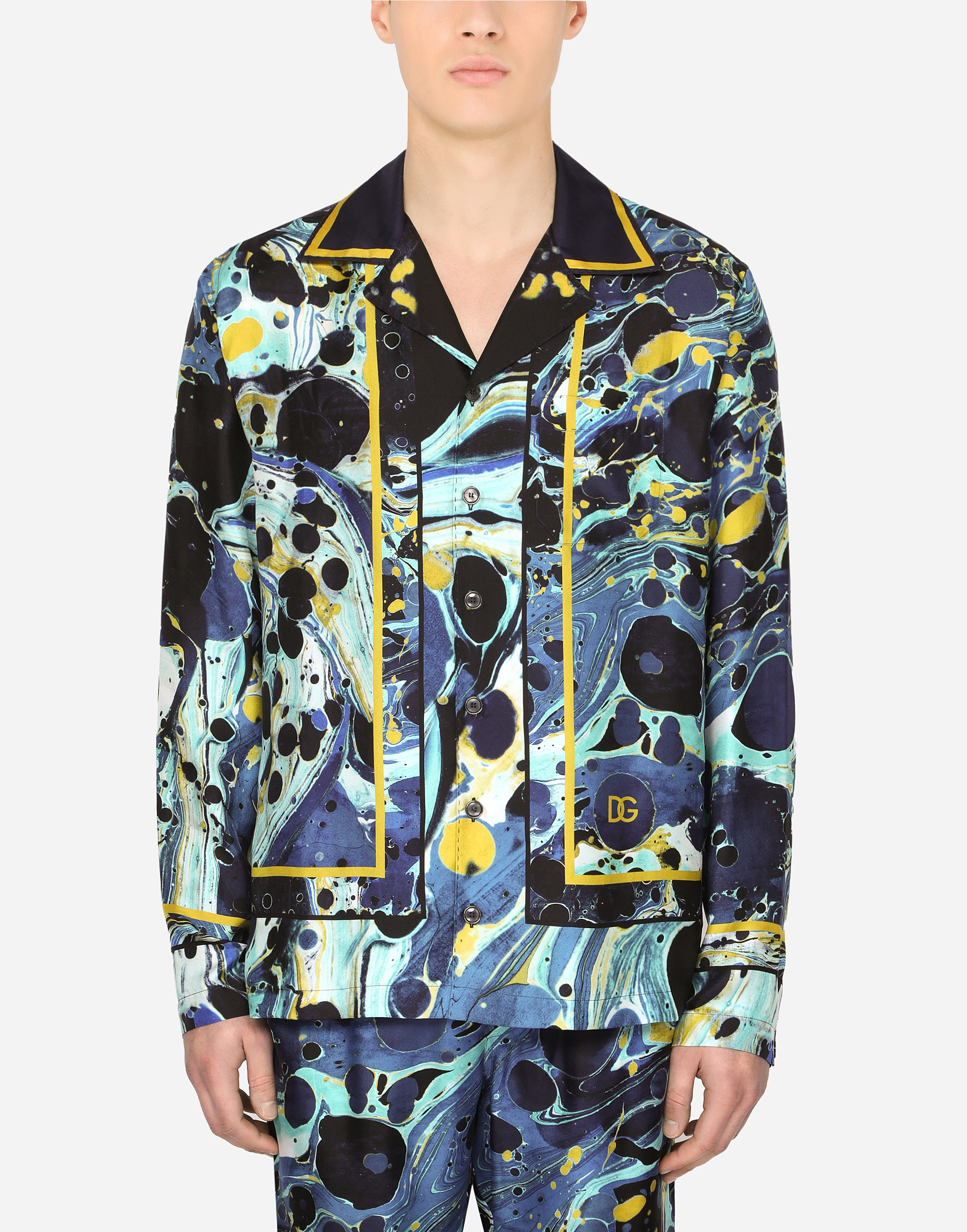 Silk shirt with blue marbled print in Multicolor