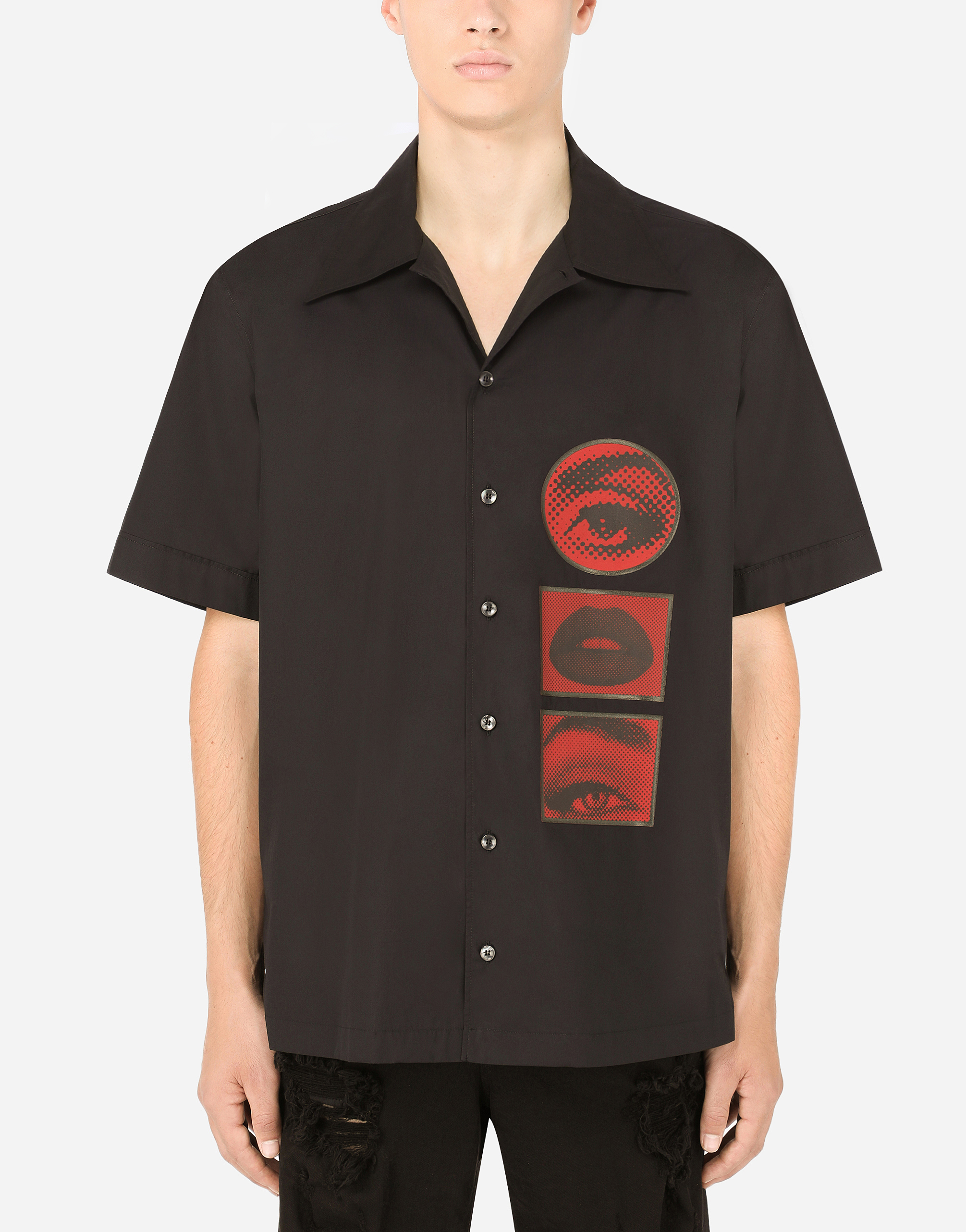 Cotton Hawaiian shirt with patch in Black