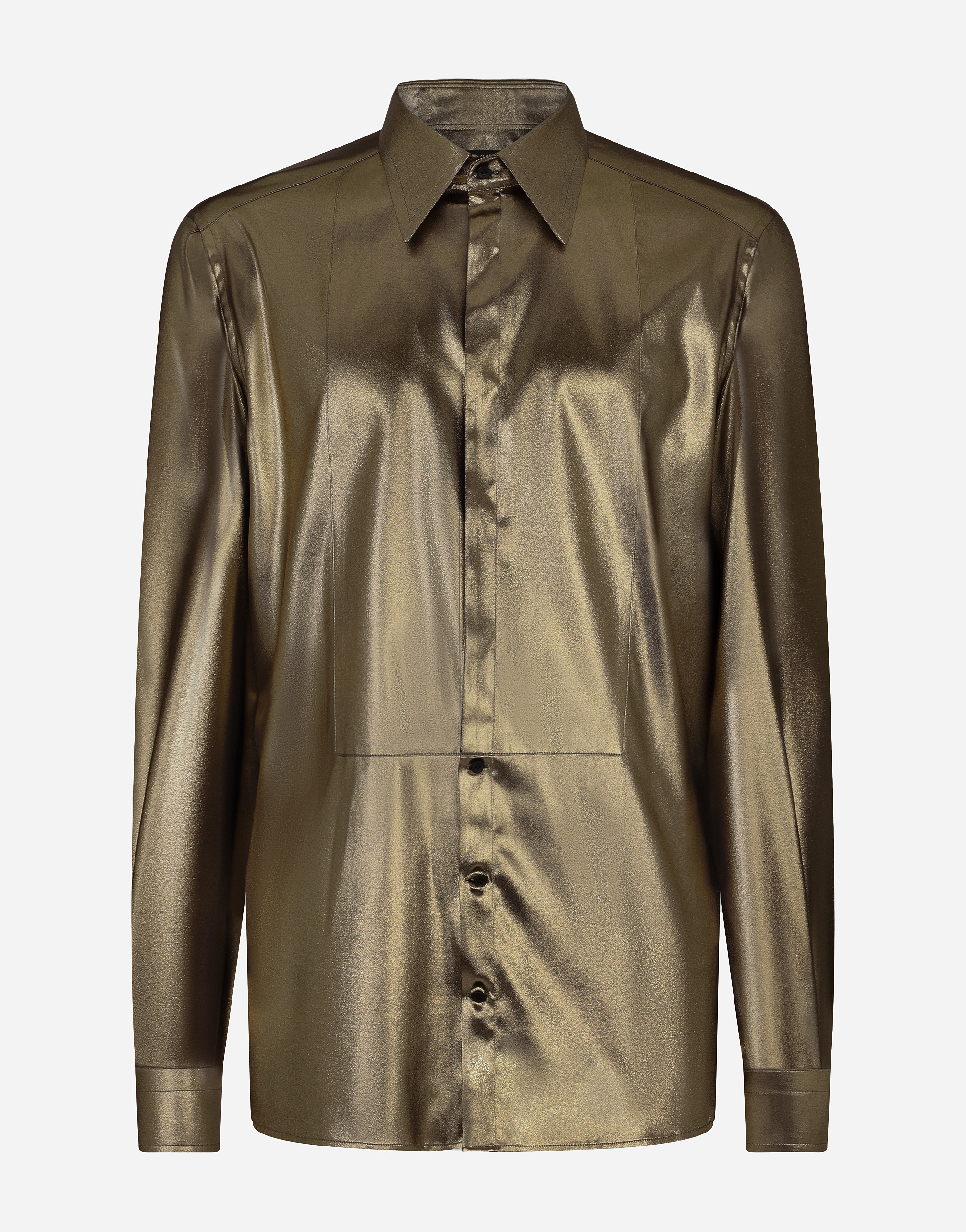 Laminated-fabric Gold-fit tuxedo shirt in Gold