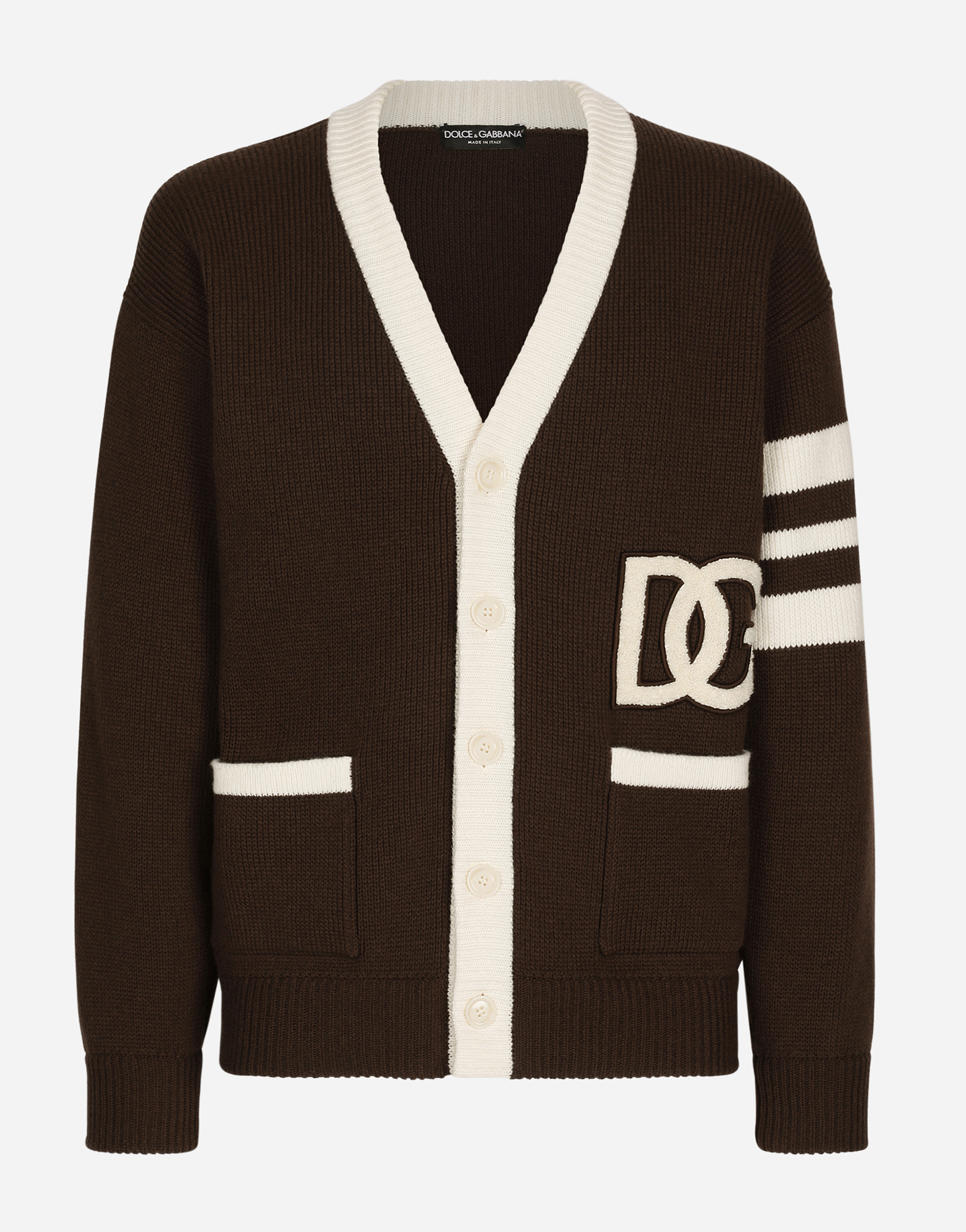 Wool fisherman’s rib cardigan with DG logo patch in Multicolor