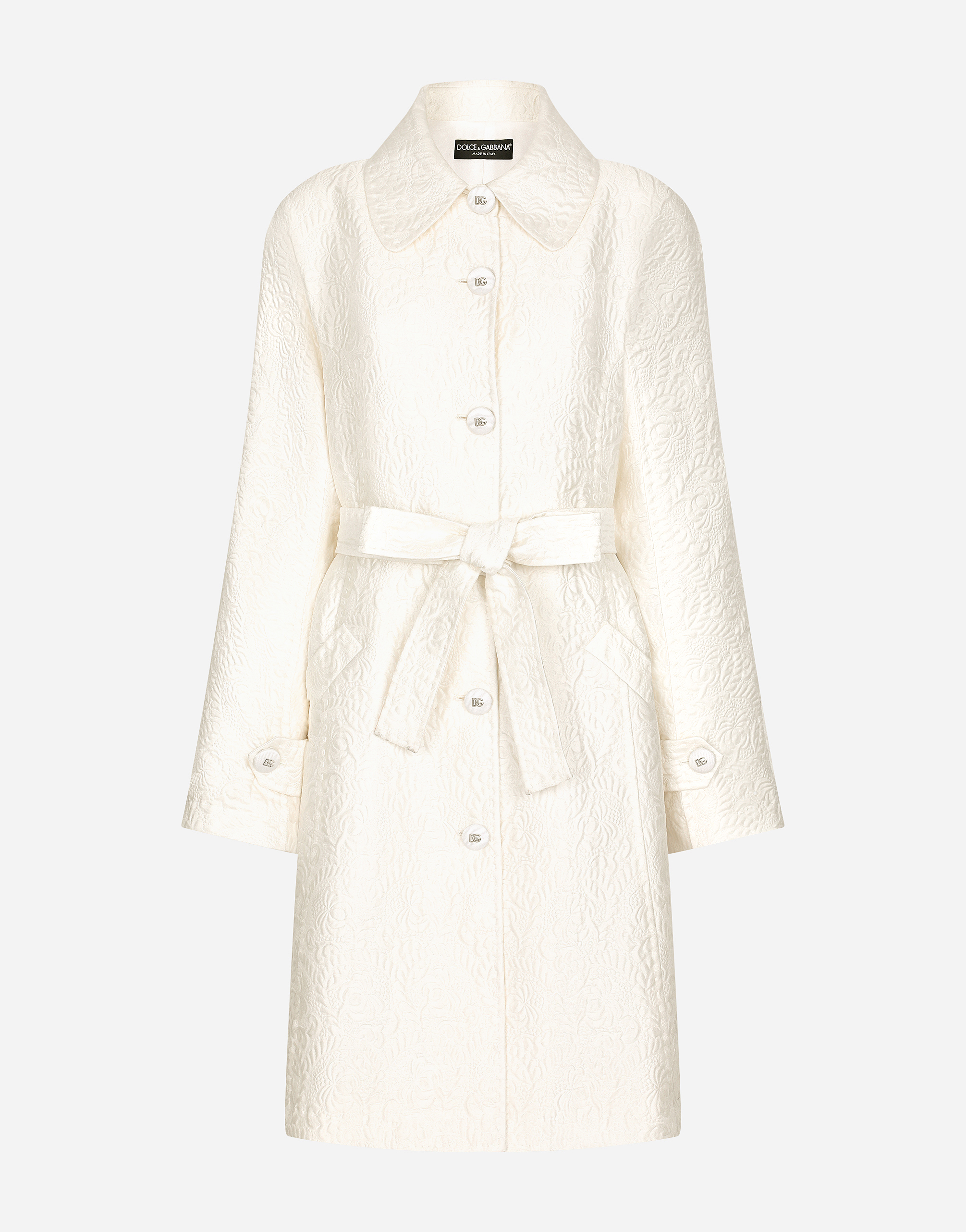 Dolce & Gabbana Belted Floral Jacquard Coat In White