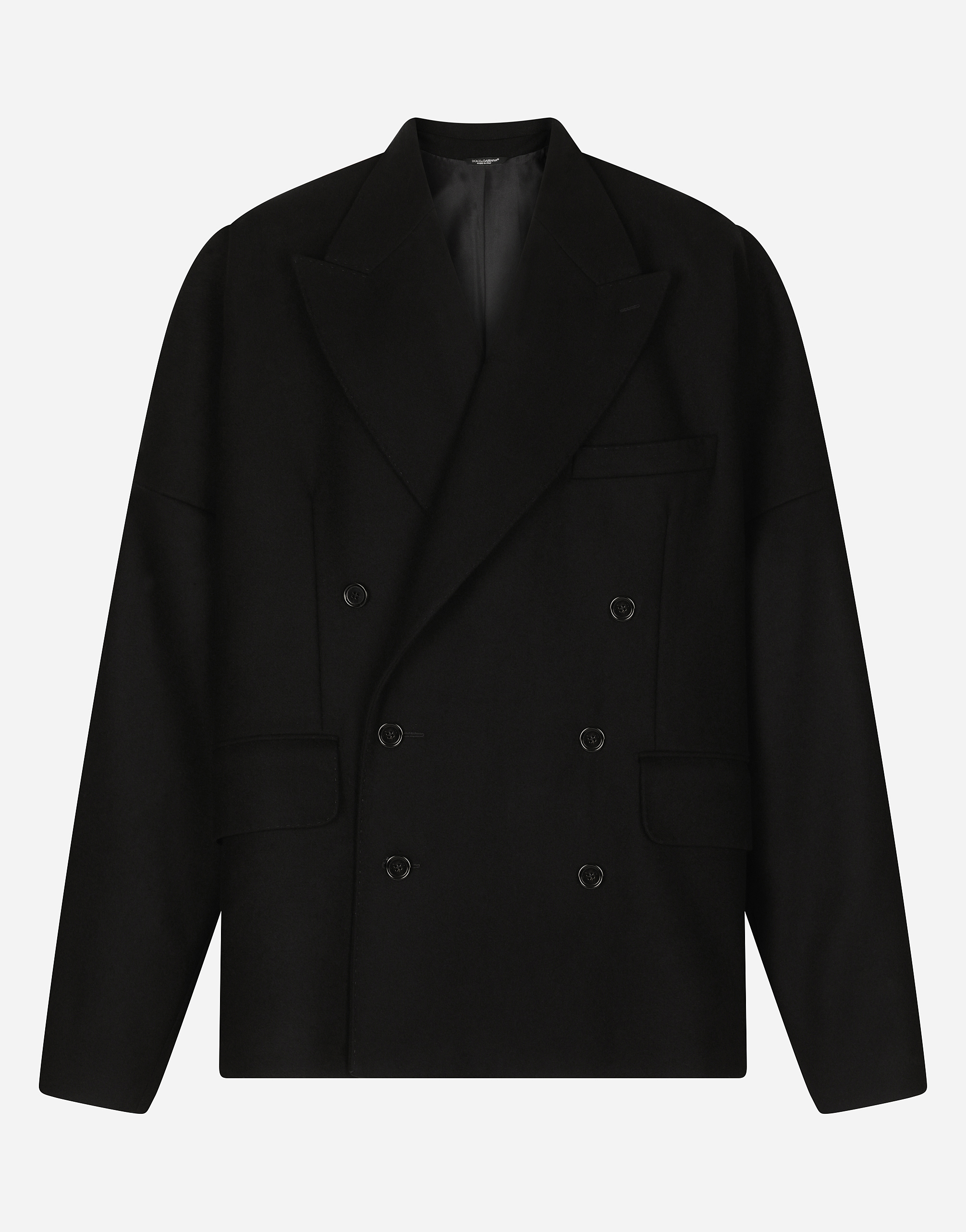 Double-breasted technical wool pea coat in Black