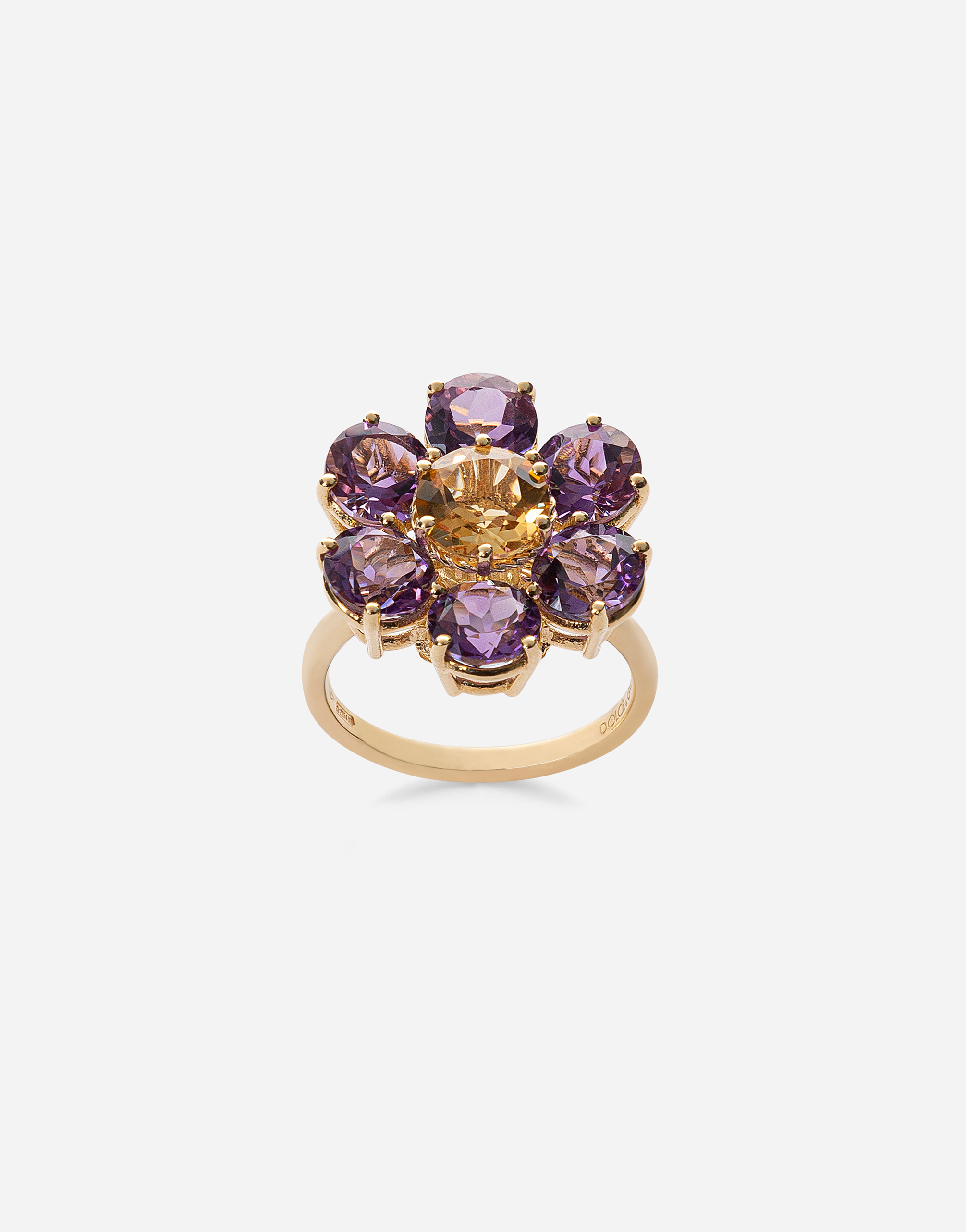 Spring ring in yellow 18kt gold with amethyst floral motif in Gold
