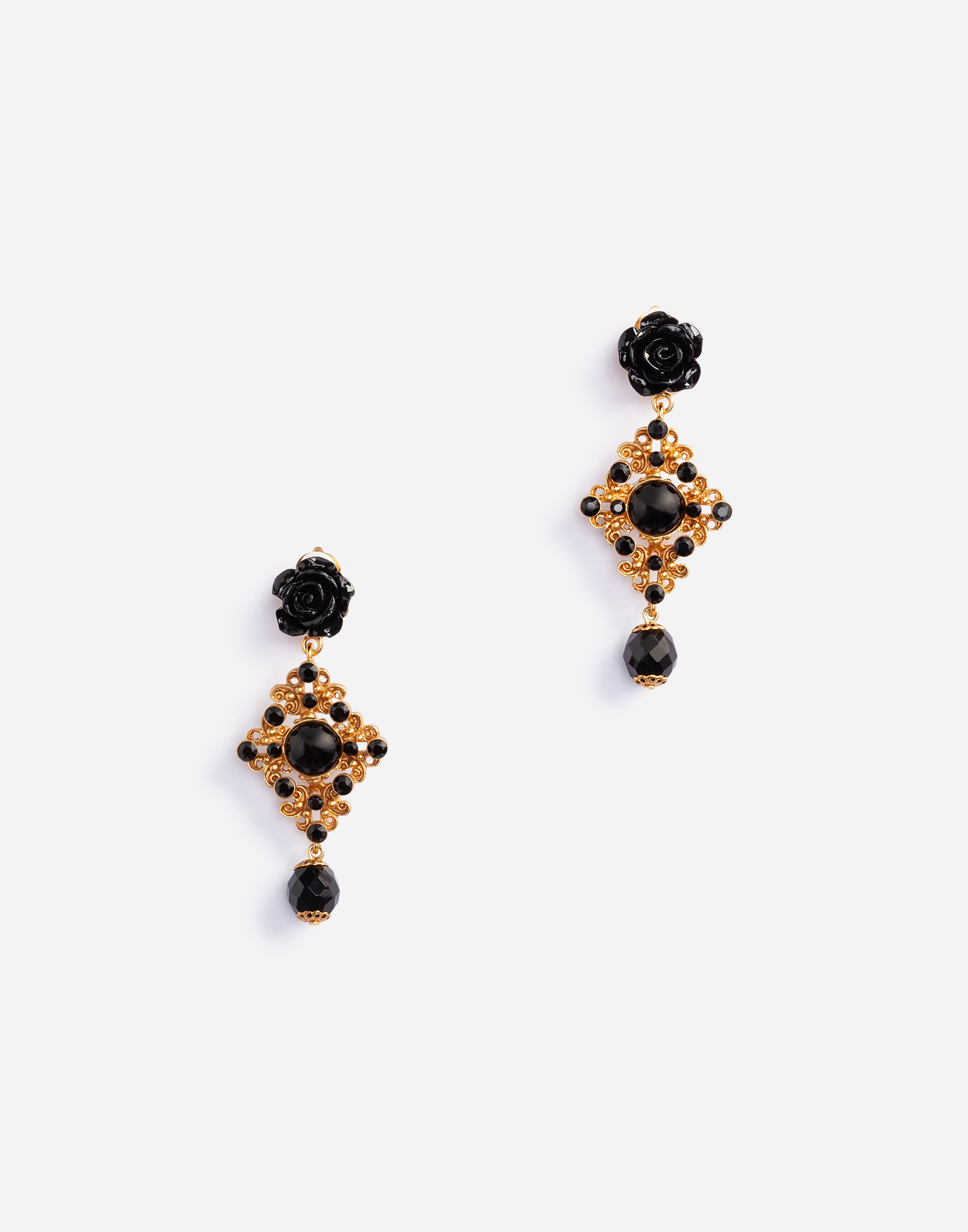 Clip-on drop earrings with roses and stones in Gold