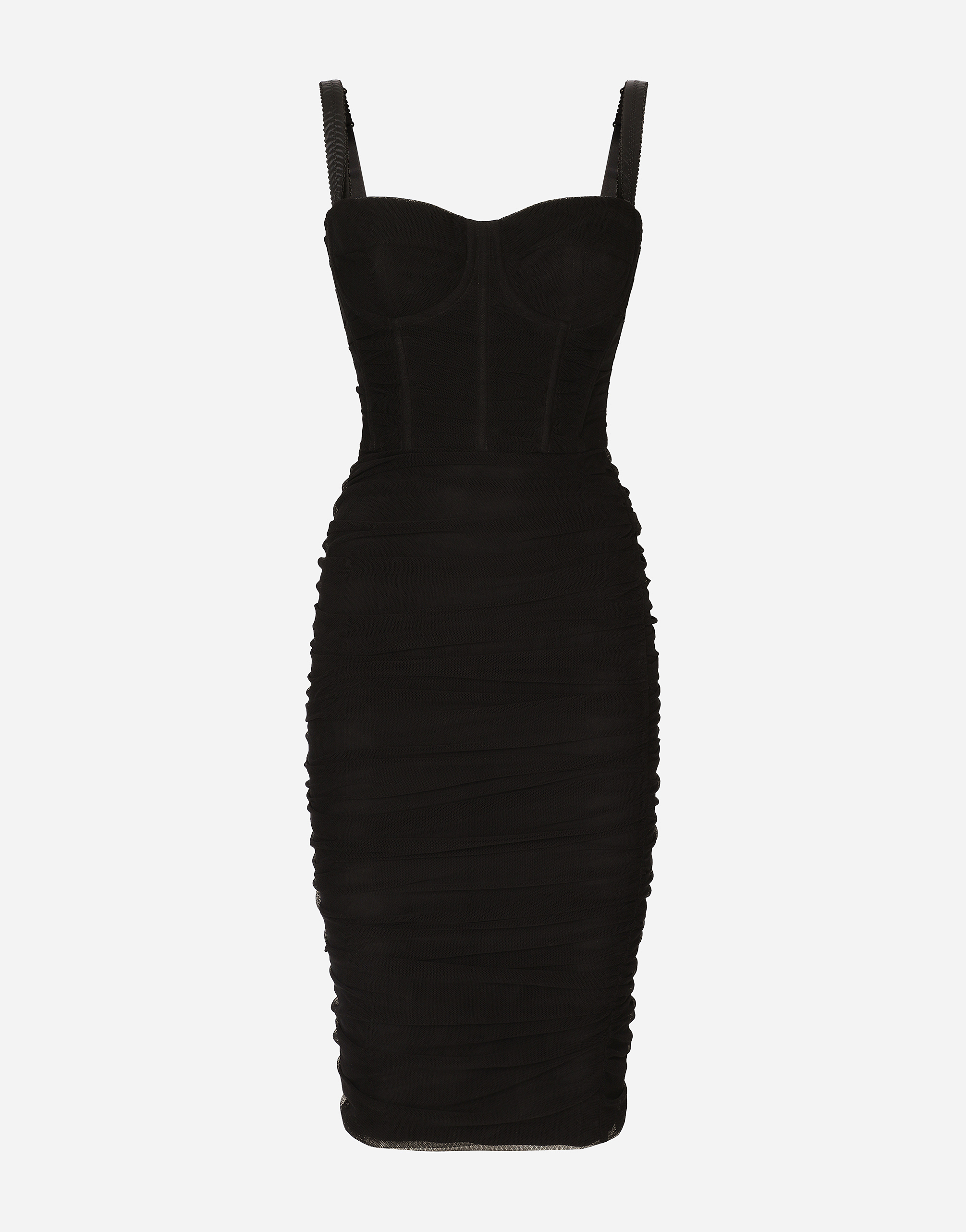 Tulle midi dress with draping and corset in Black