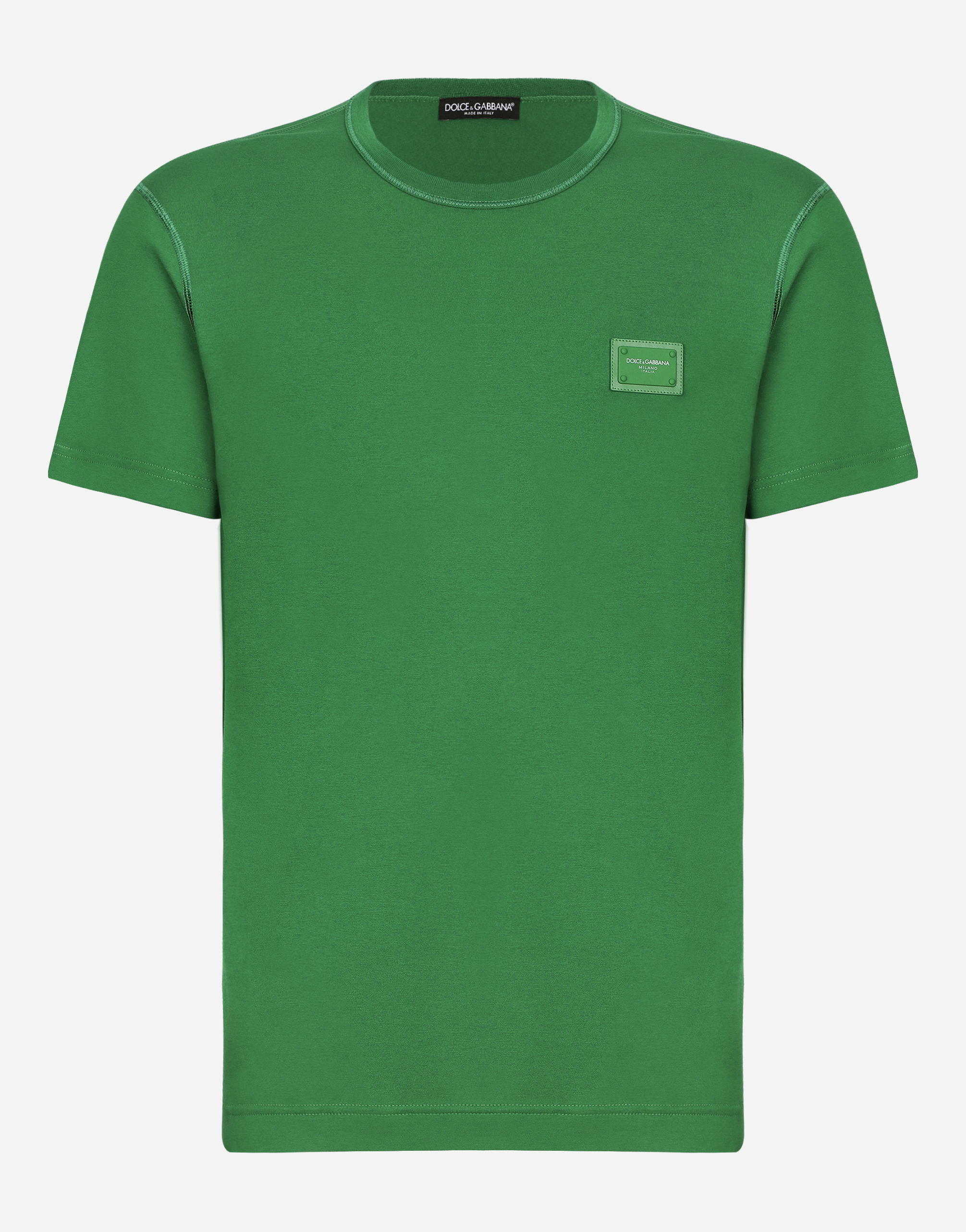 Cotton V-neck T-shirt with branded plate in Green