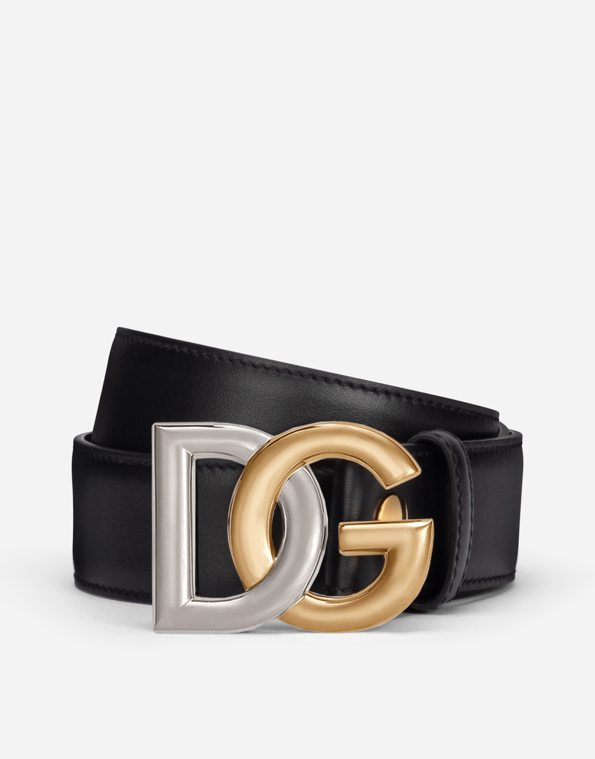Calfskin belt with double-plated DG logo in Black