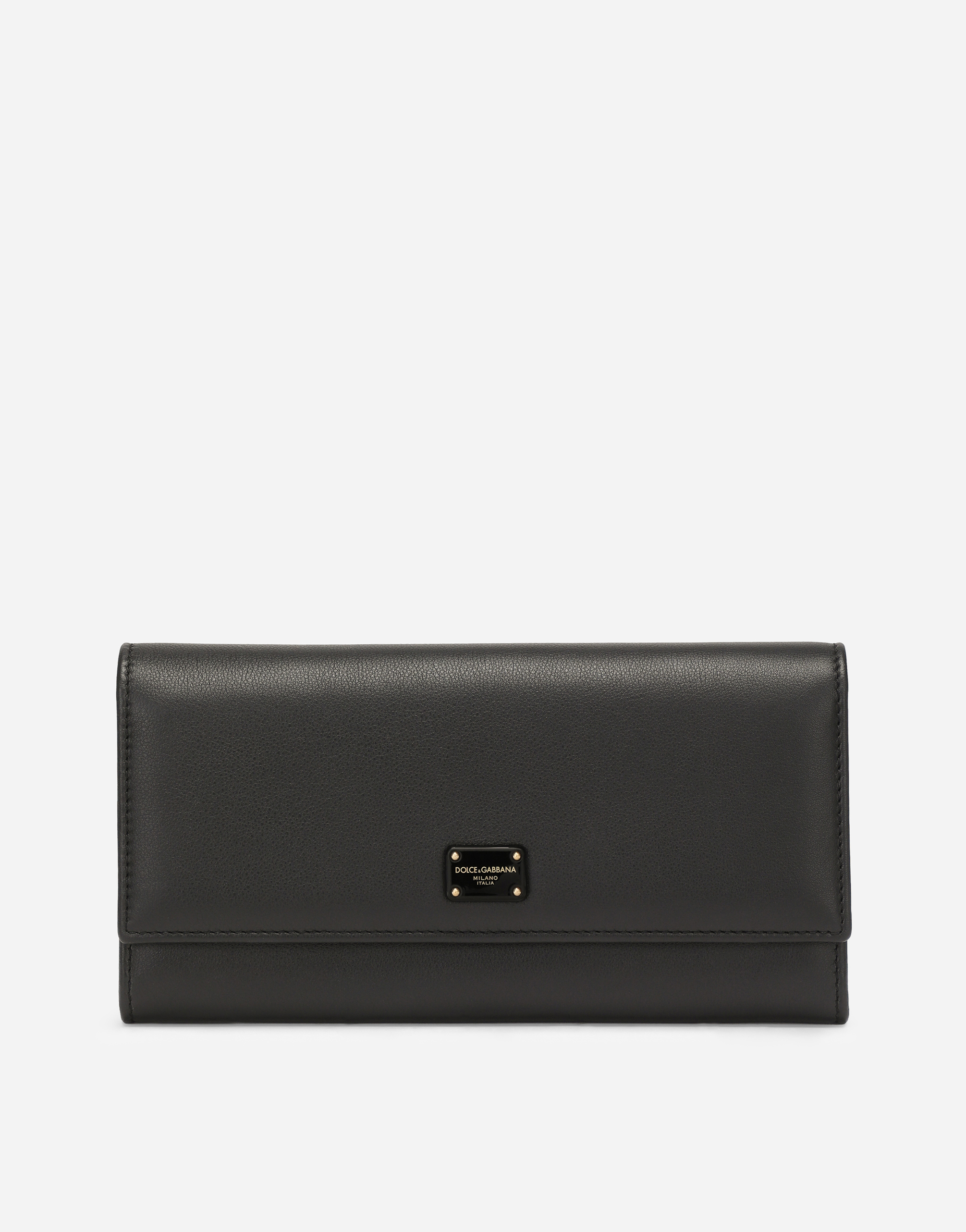 Calfskin continental wallet with branded plate in Black