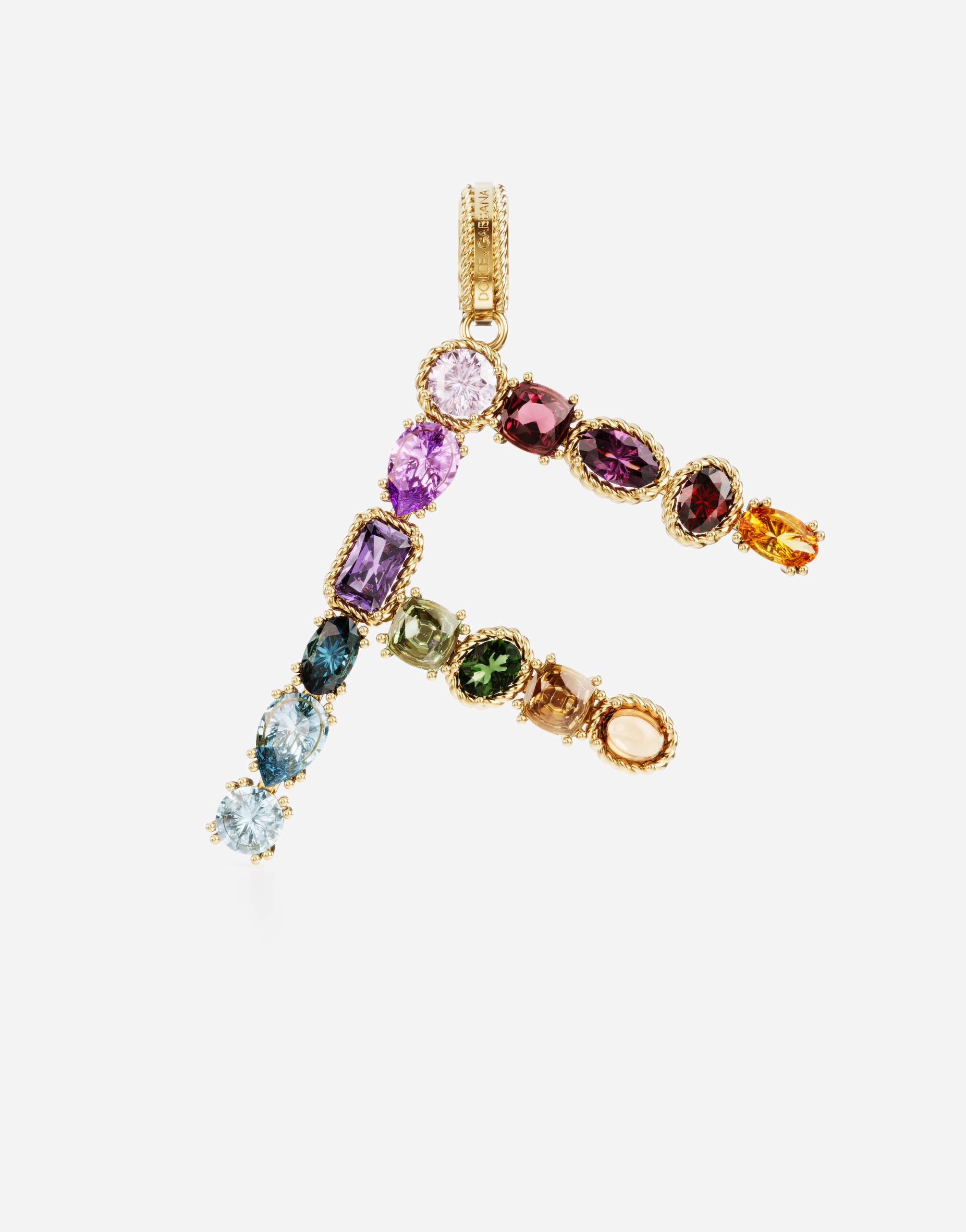 Rainbow alphabet F 18 kt yellow gold charm with multicolor fine gems in Gold
