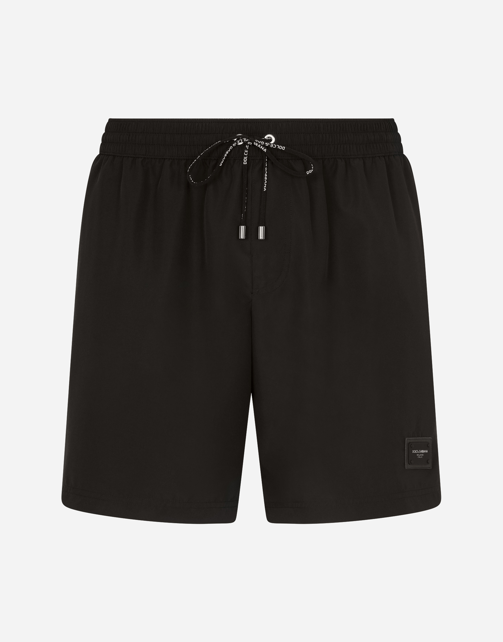 Mid-length swim trunks with branded plate in Black