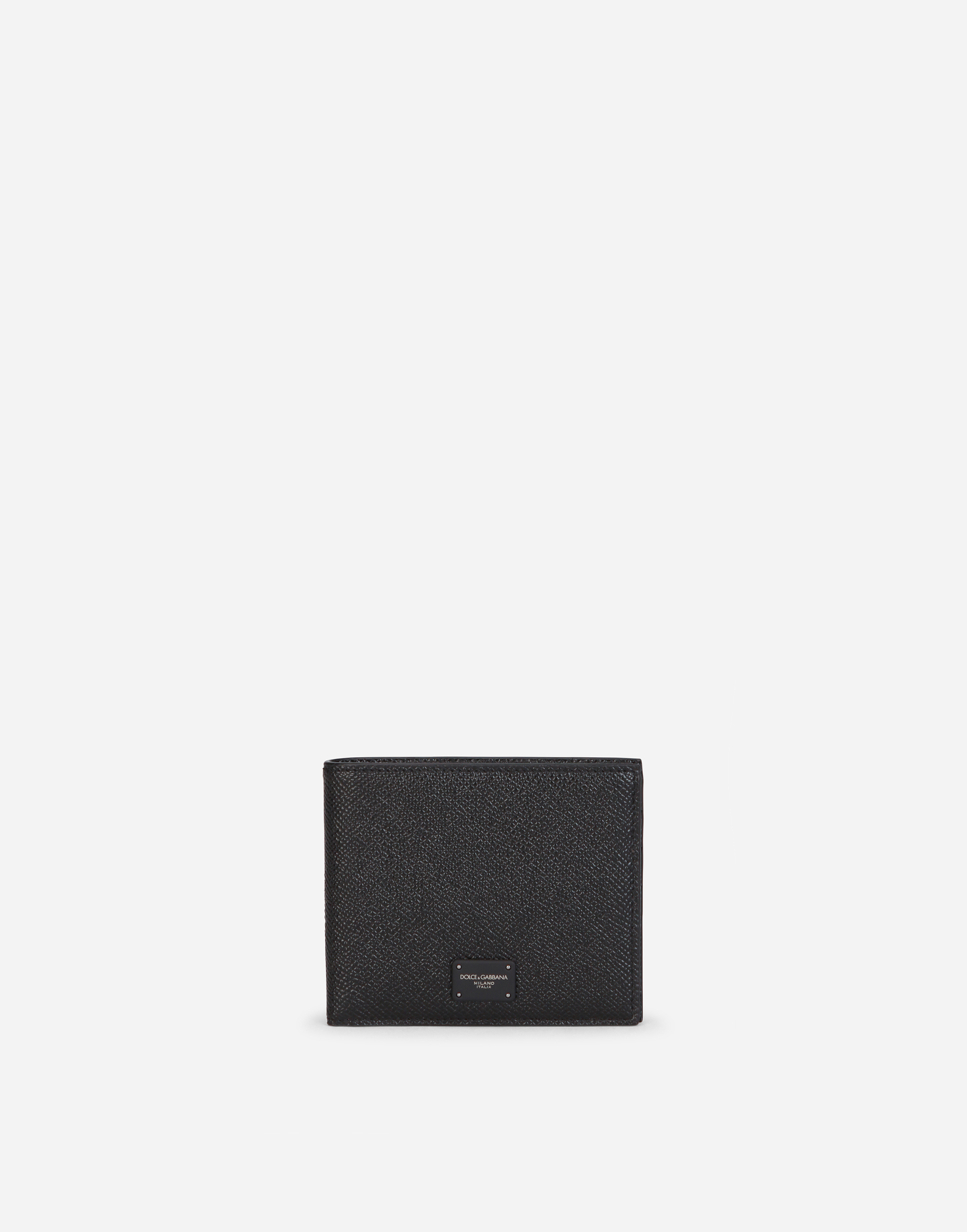 Dauphine calfskin bifold wallet with branded plate in Black