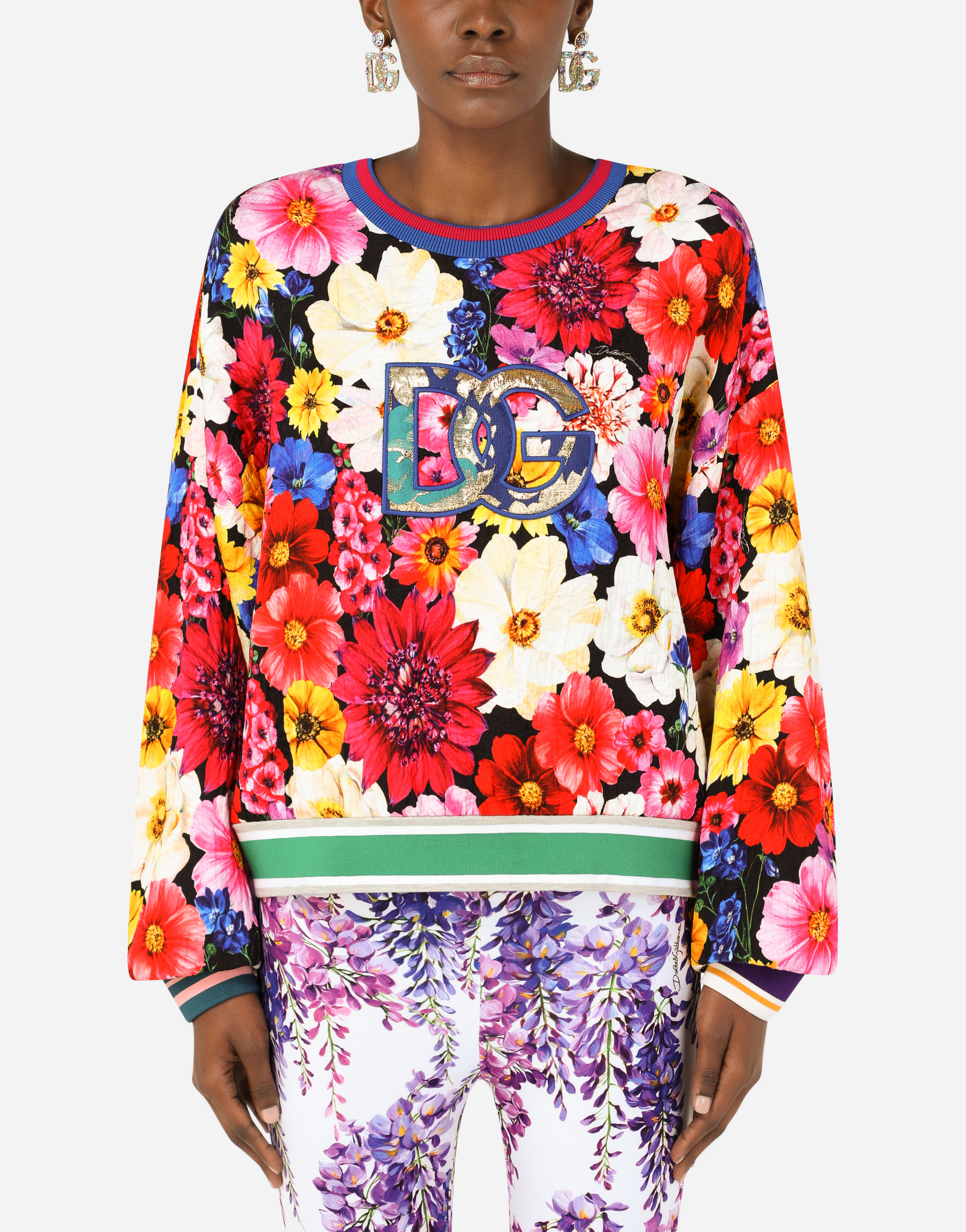 Cropped brocade sweatshirt with garden print in Multicolor