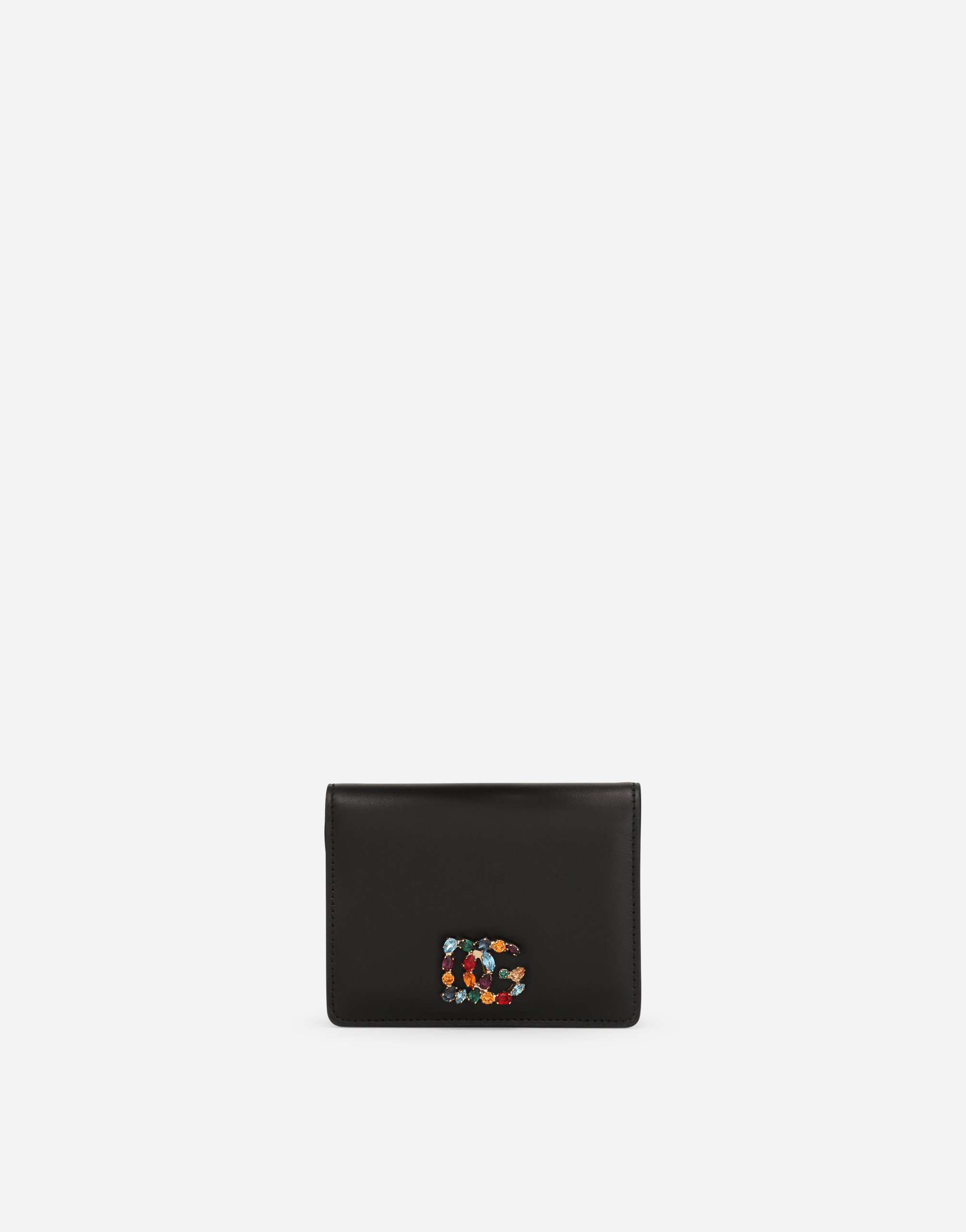Calfskin wallet with rhinestone-detailed DG logo in Black