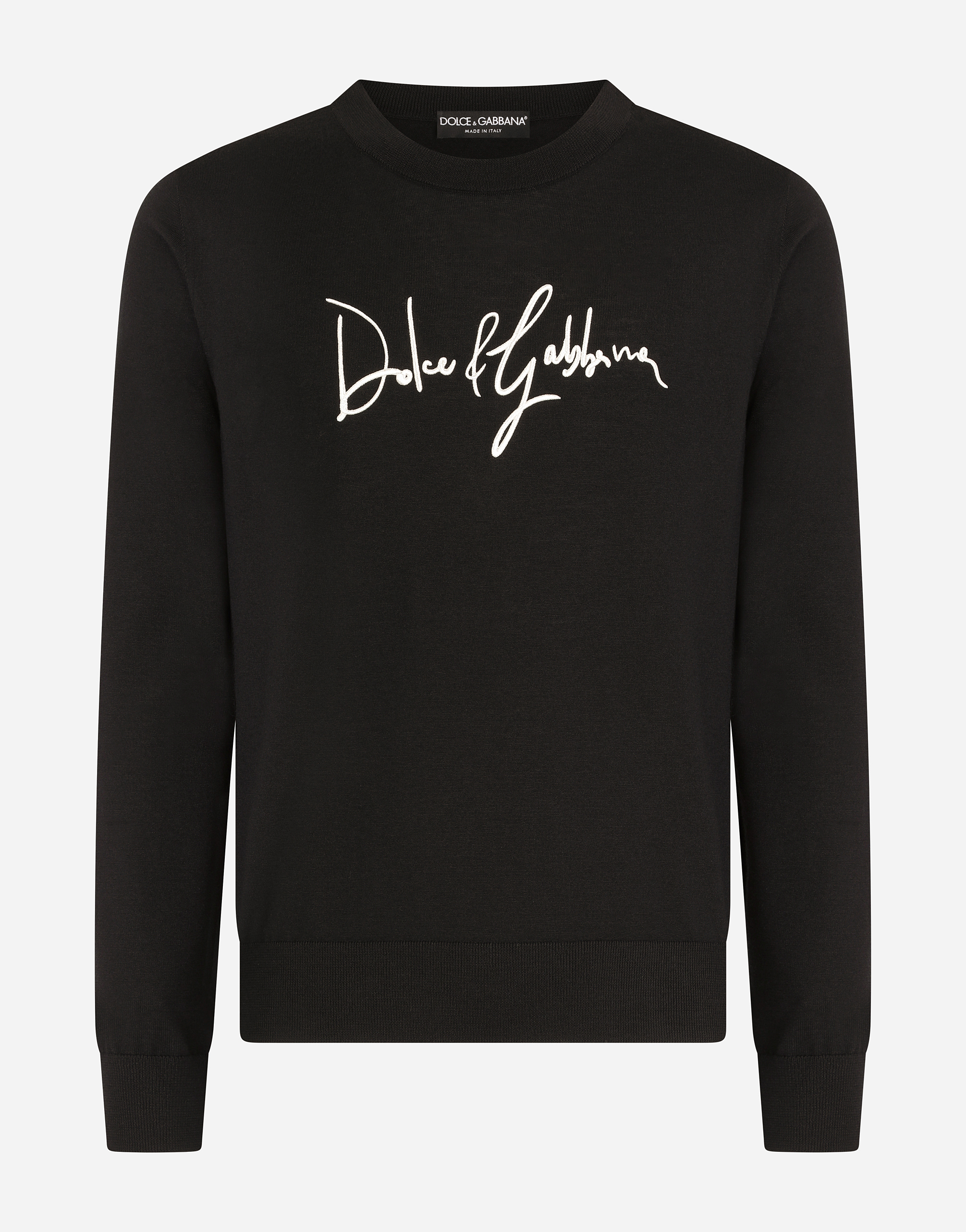 Wool round-neck sweater with Dolce&Gabbana embroidery in Black