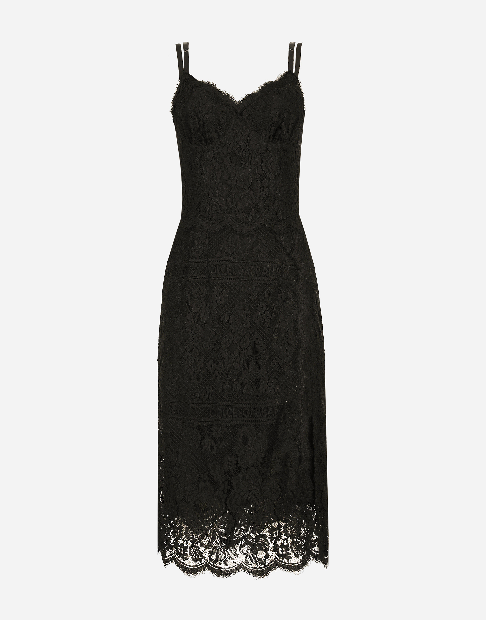Lace midi dress with double scalloped detailing in Black