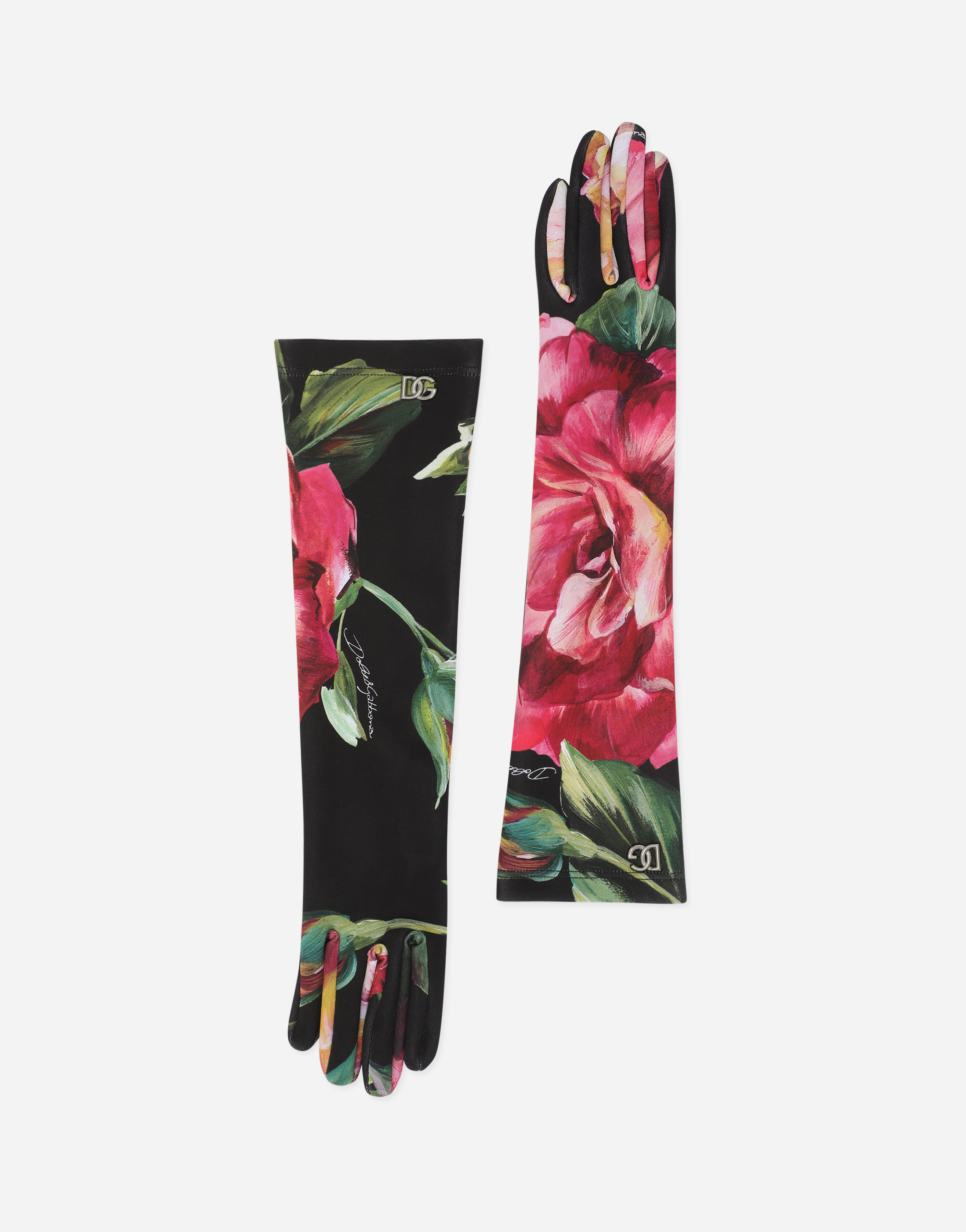 Rose-print jersey gloves with DG logo in Multicolor
