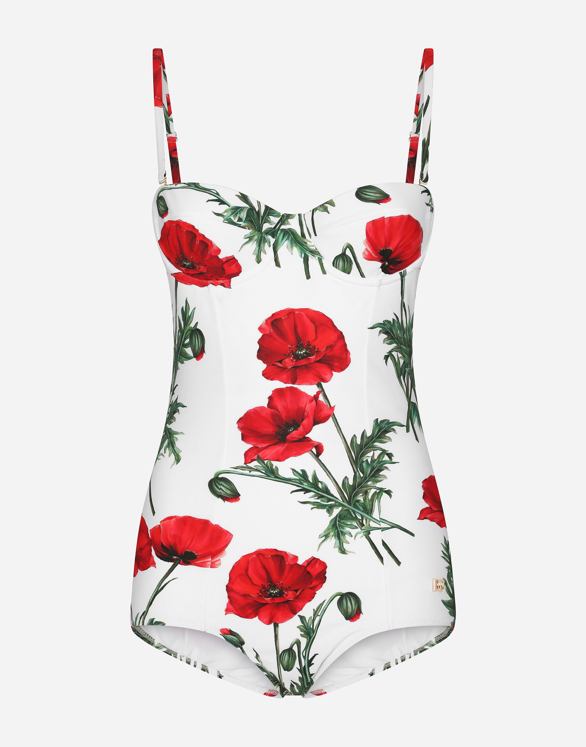 Poppy-print balconette one-piece swimsuit in Multicolor