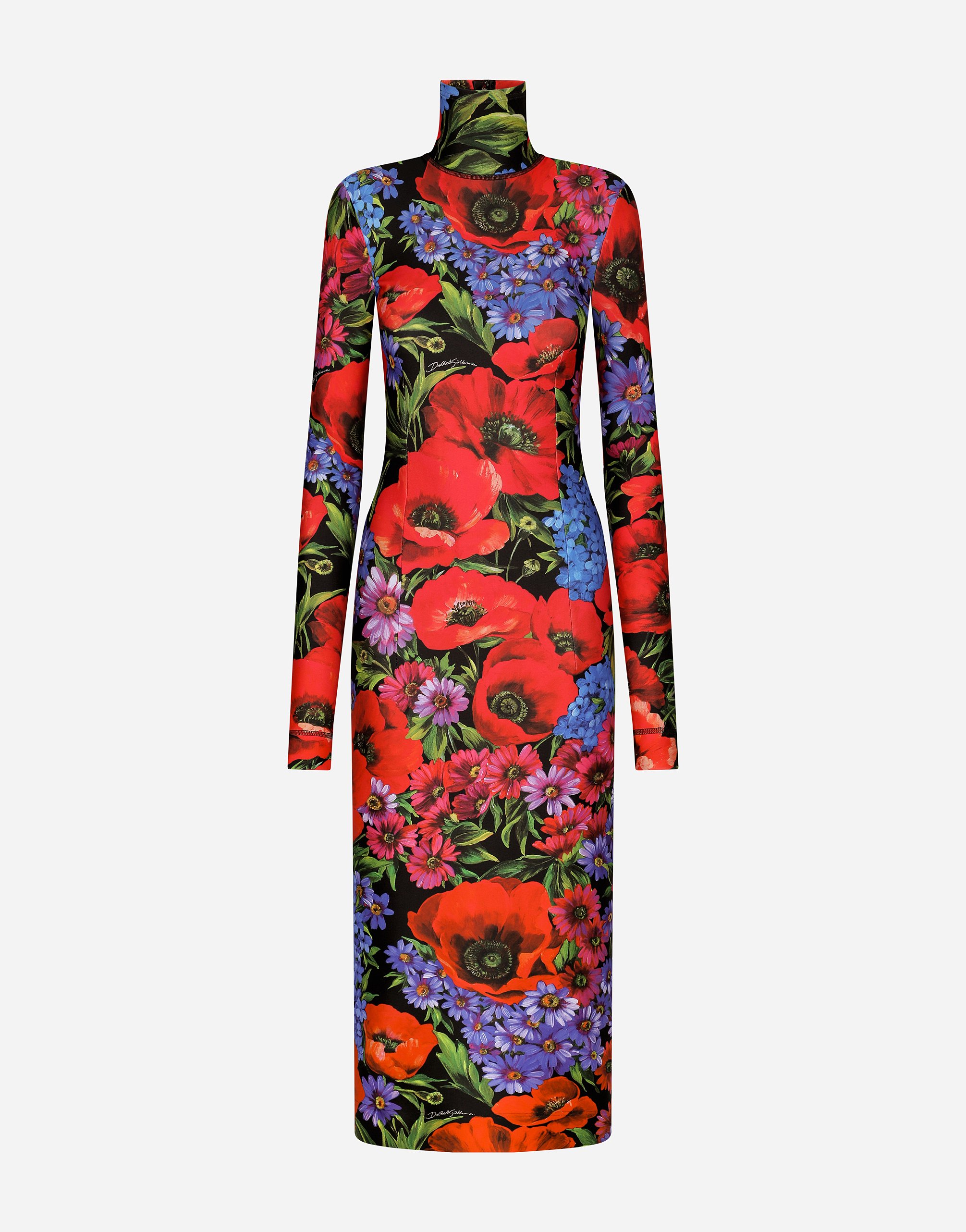 Jersey calf-length dress with red rose print in Multicolor