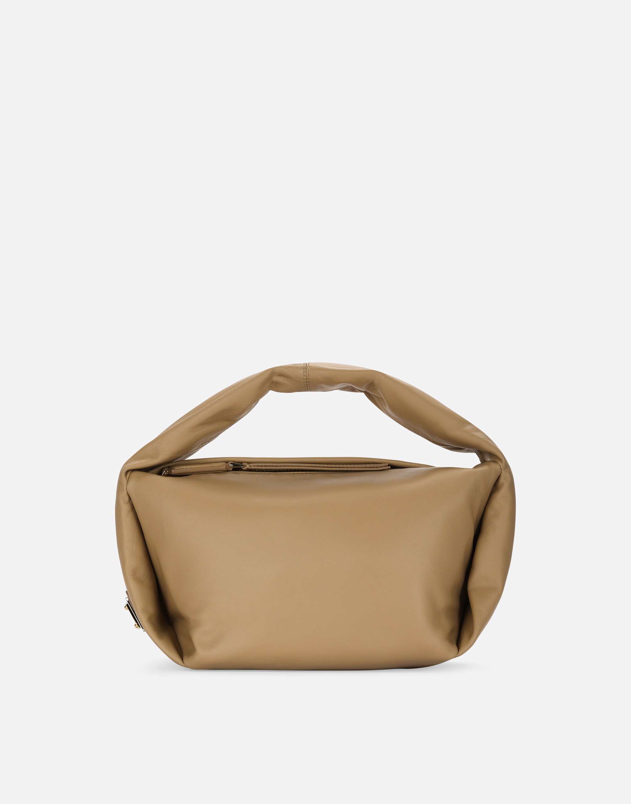 Small nappa leather soft bag with branded tag in Beige