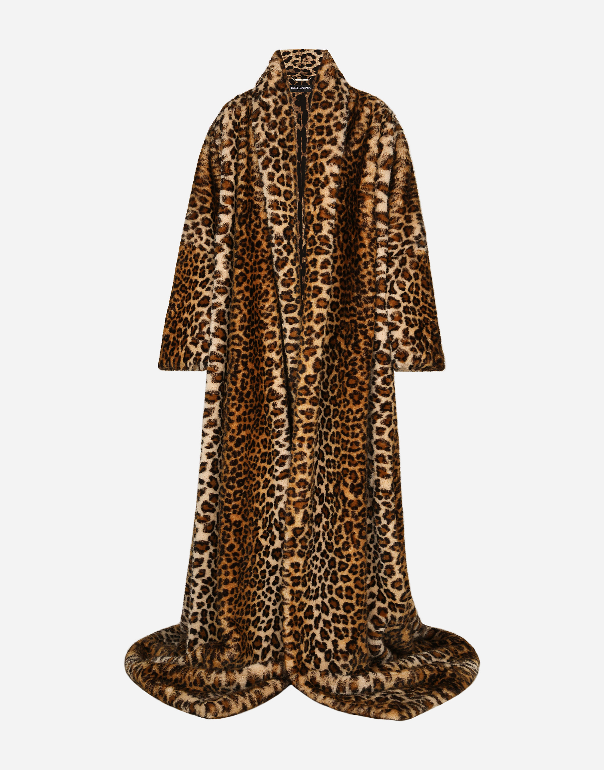 KIM DOLCE&GABBANA Long faux fur coat with leopard print in Animal Print