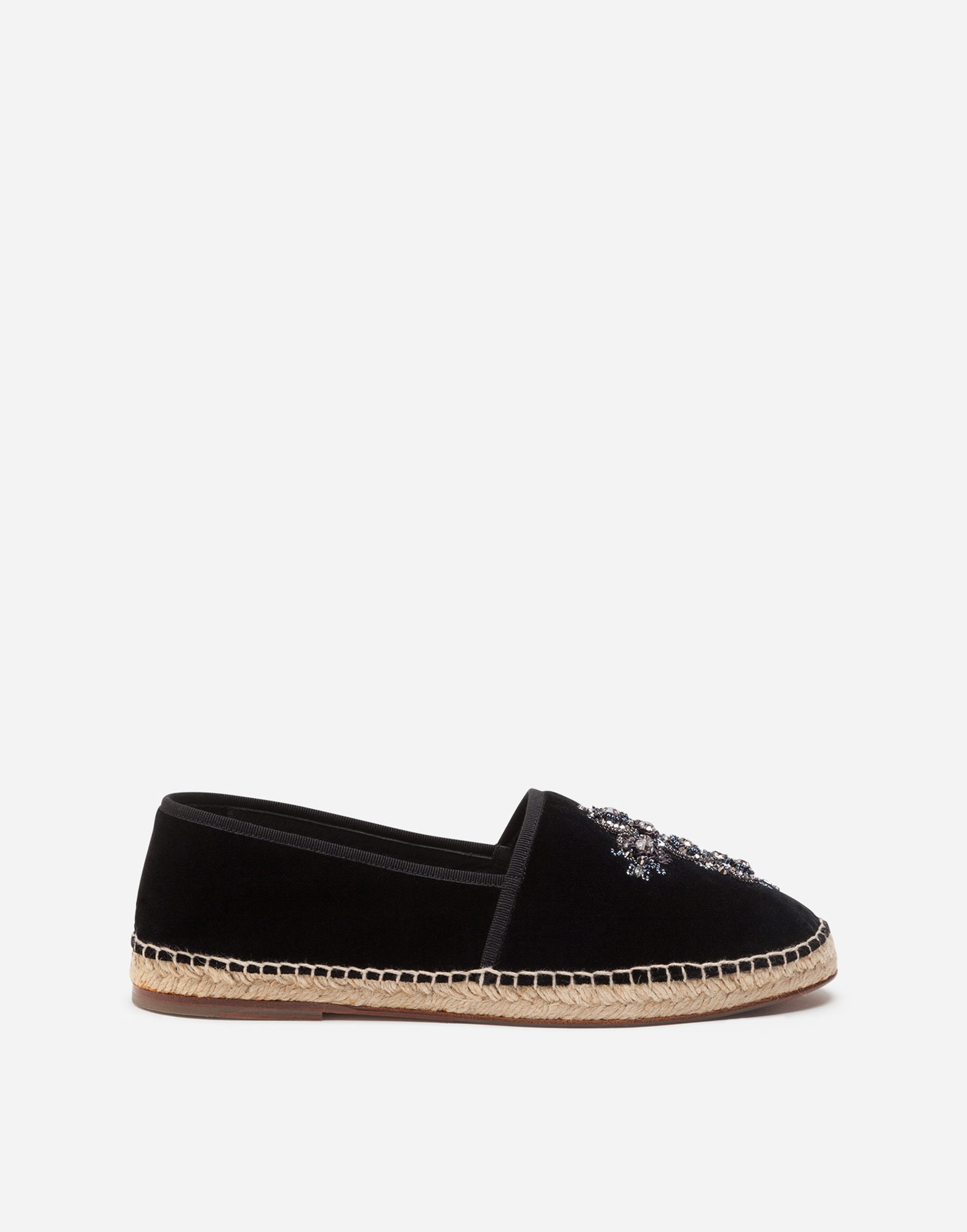 Velvet espadrilles with rope sole and cross embroidery in Black