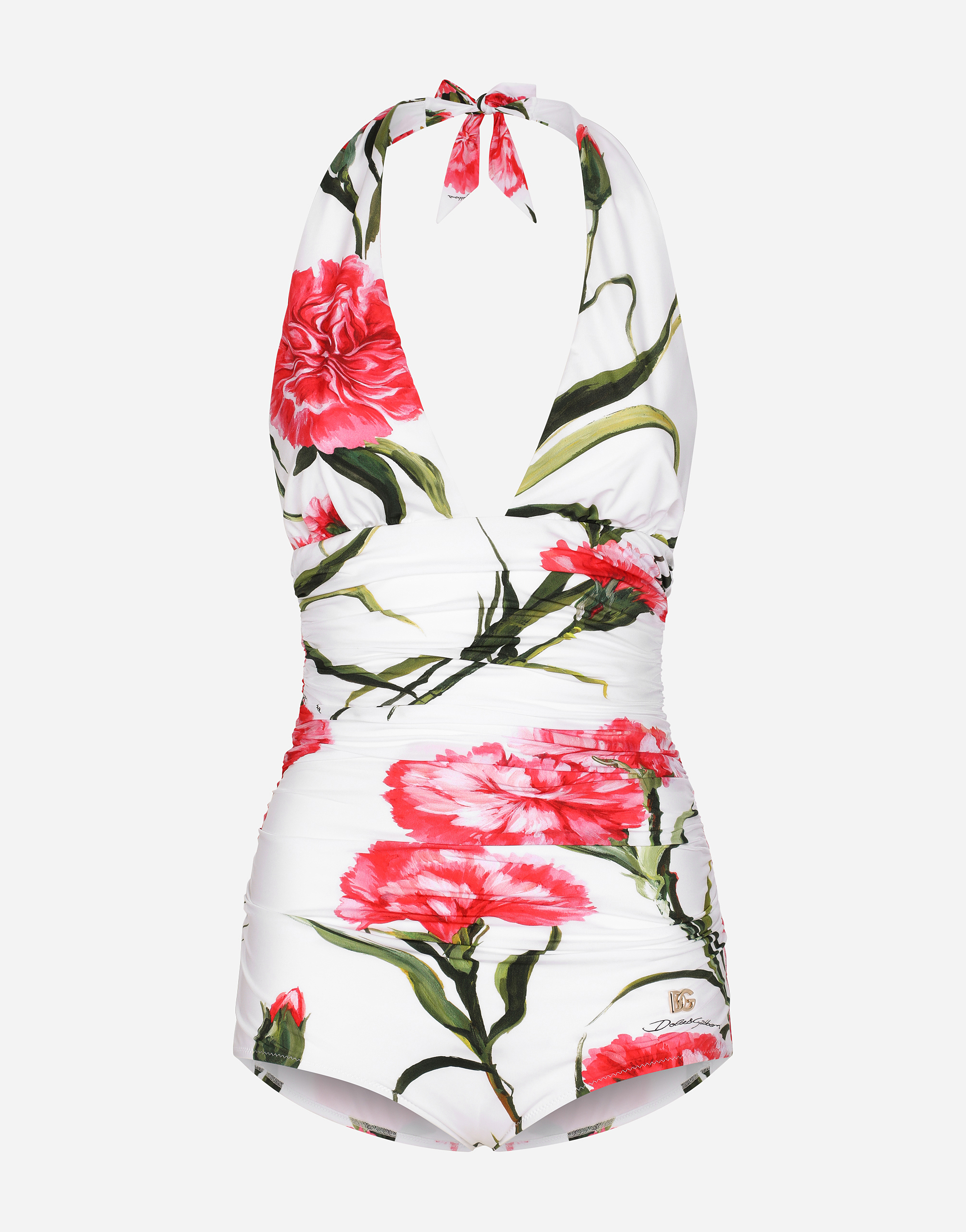 Carnation-print one-piece swimsuit with plunging neckline in Multicolor