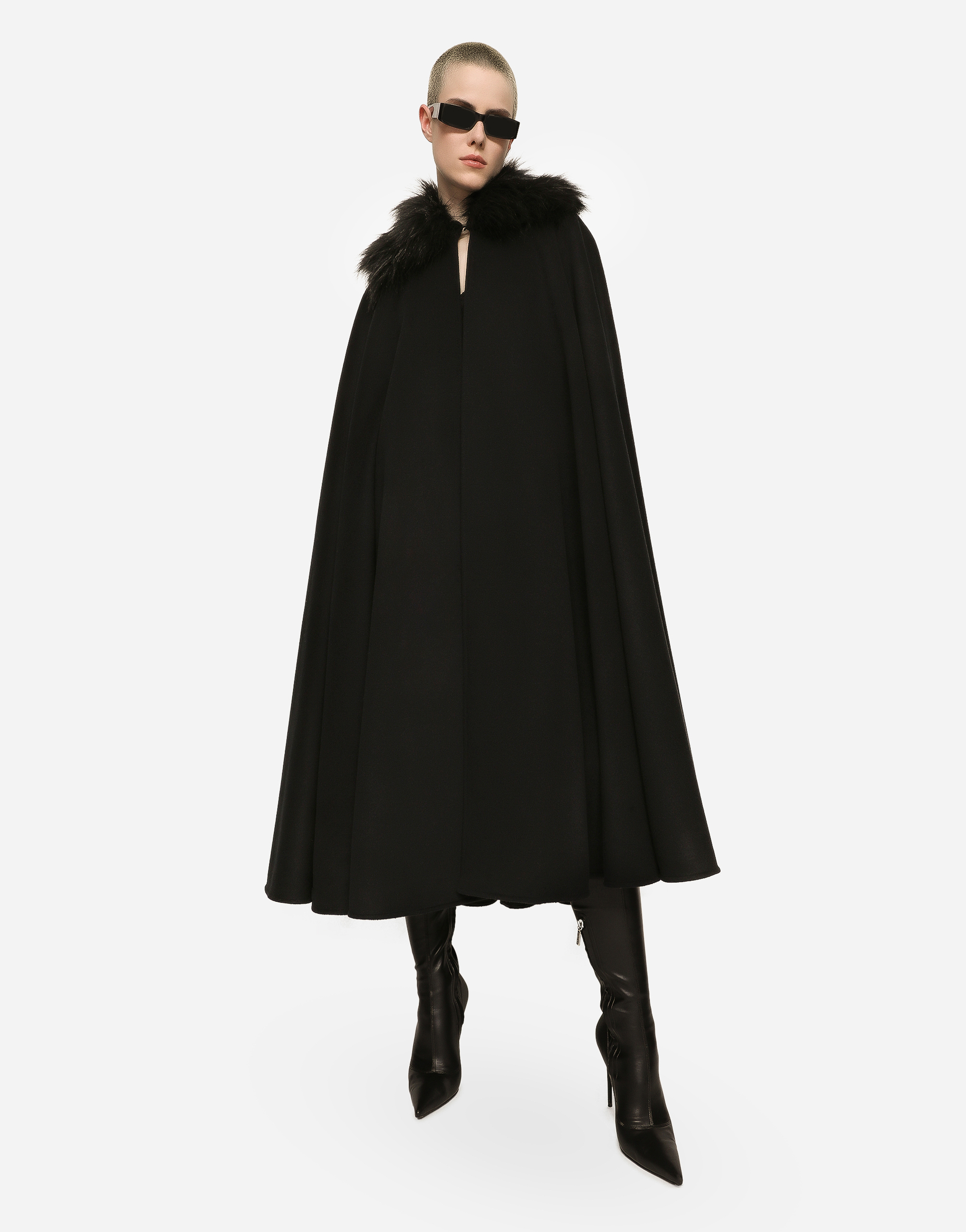 Shop Dolce & Gabbana Cape With Faux Fur Collar In Black