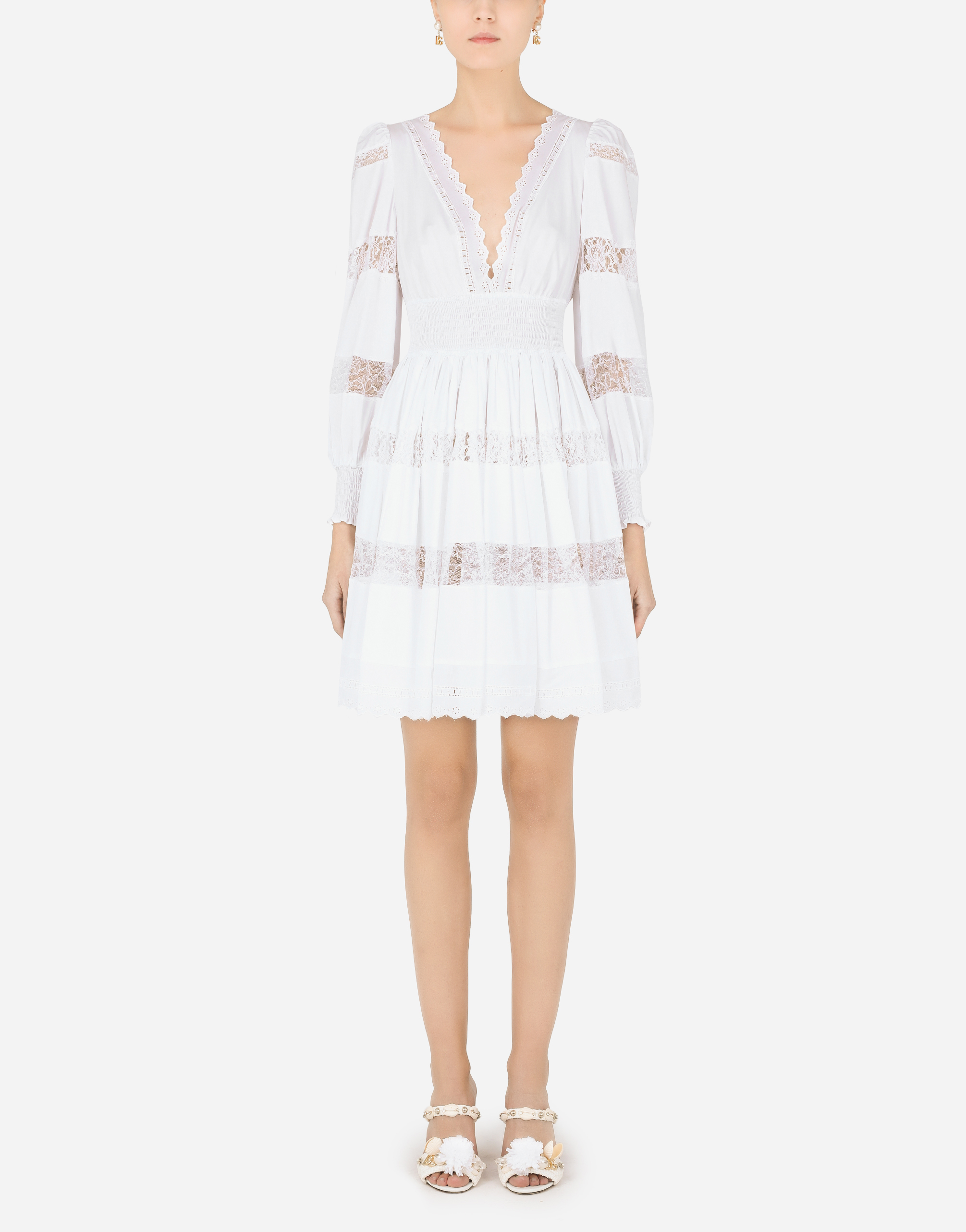 Short poplin dress with lace details in White