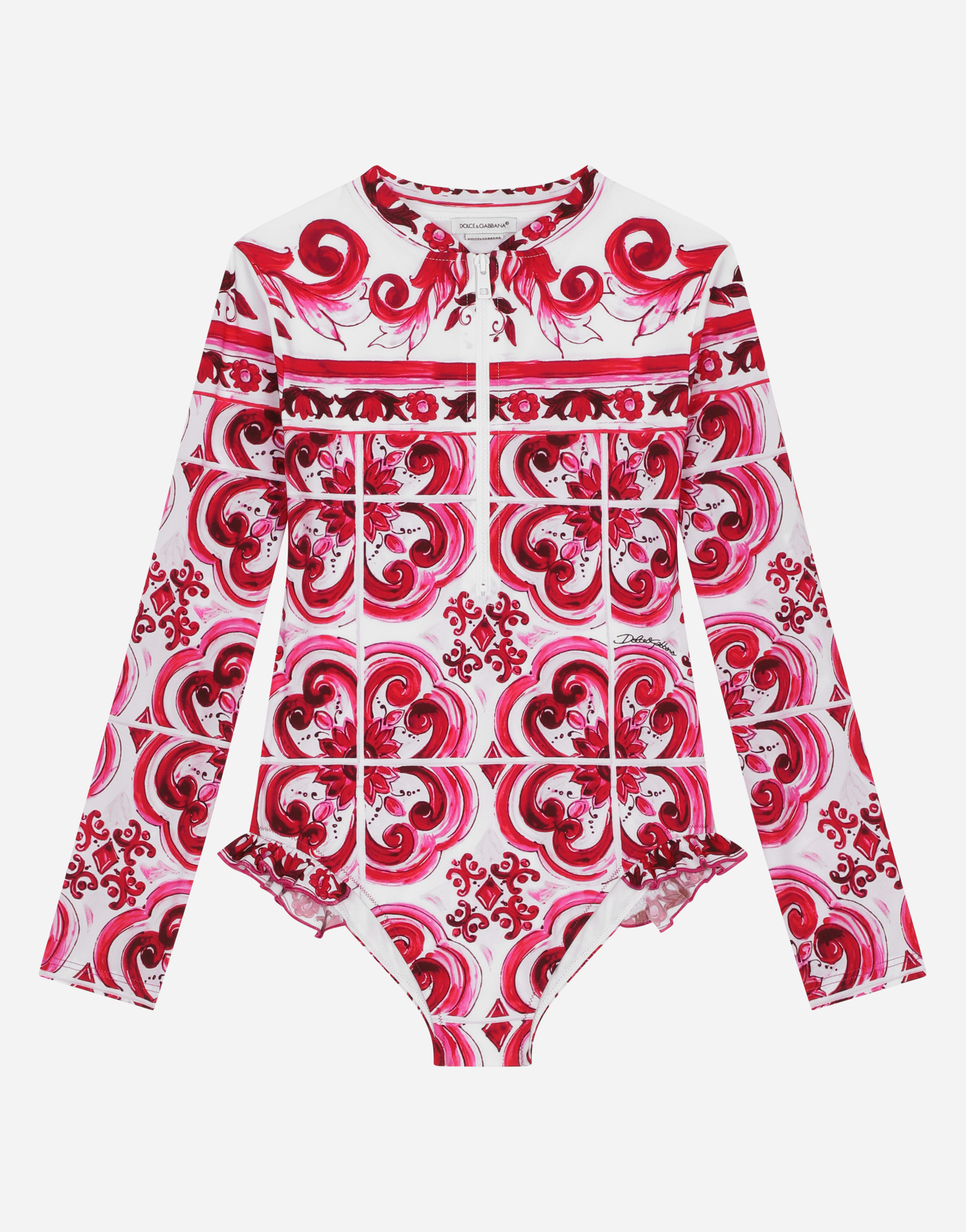 Long-sleeved majolica-print one-piece swimsuit in Multicolor