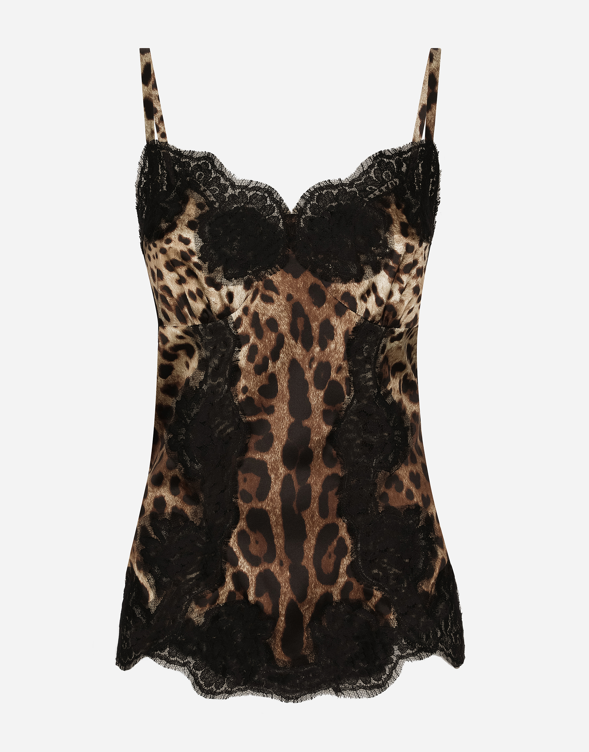 Leopard-print satin top with lace inlay in Animal Print