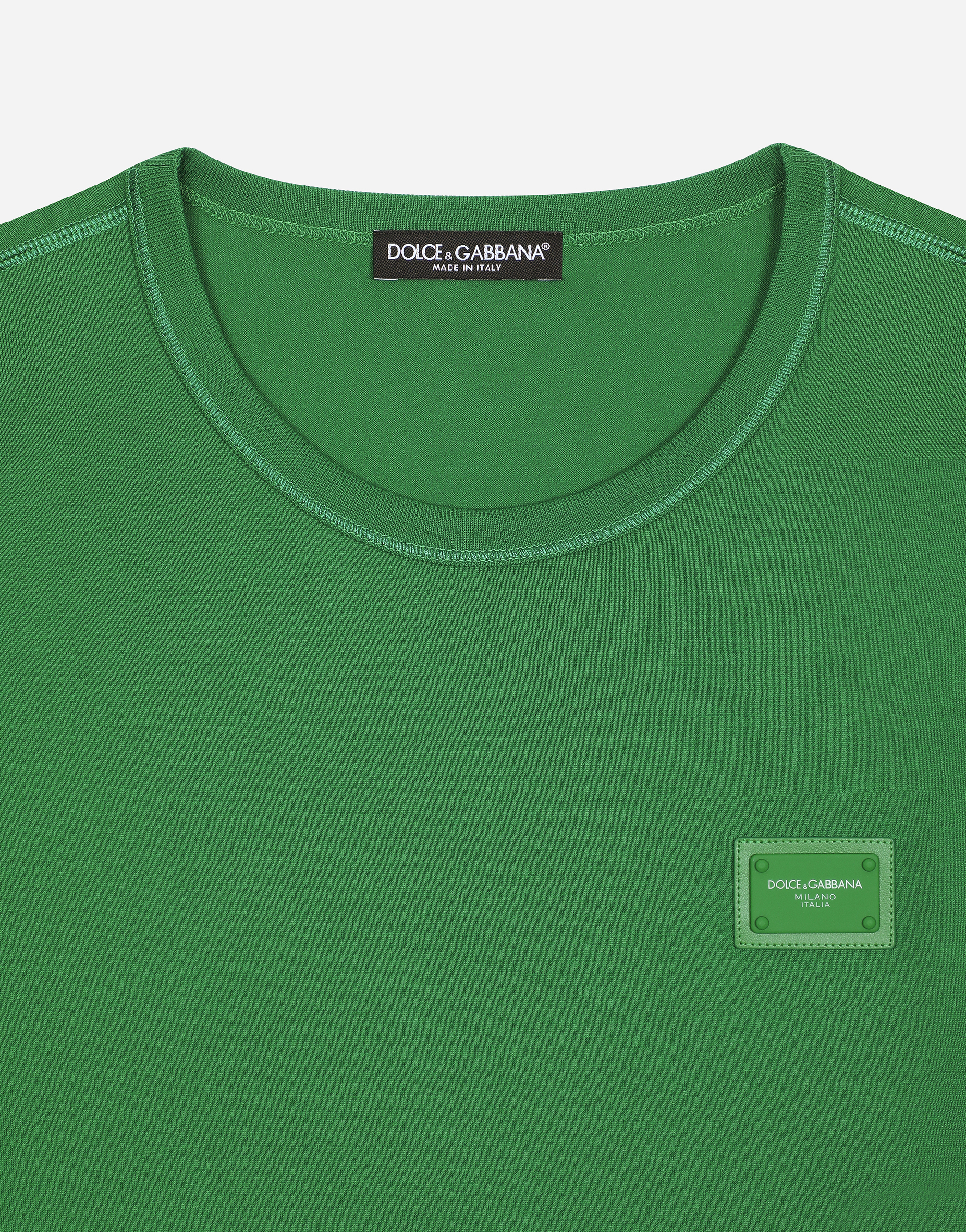 Cotton V-neck T-shirt with branded plate in Green