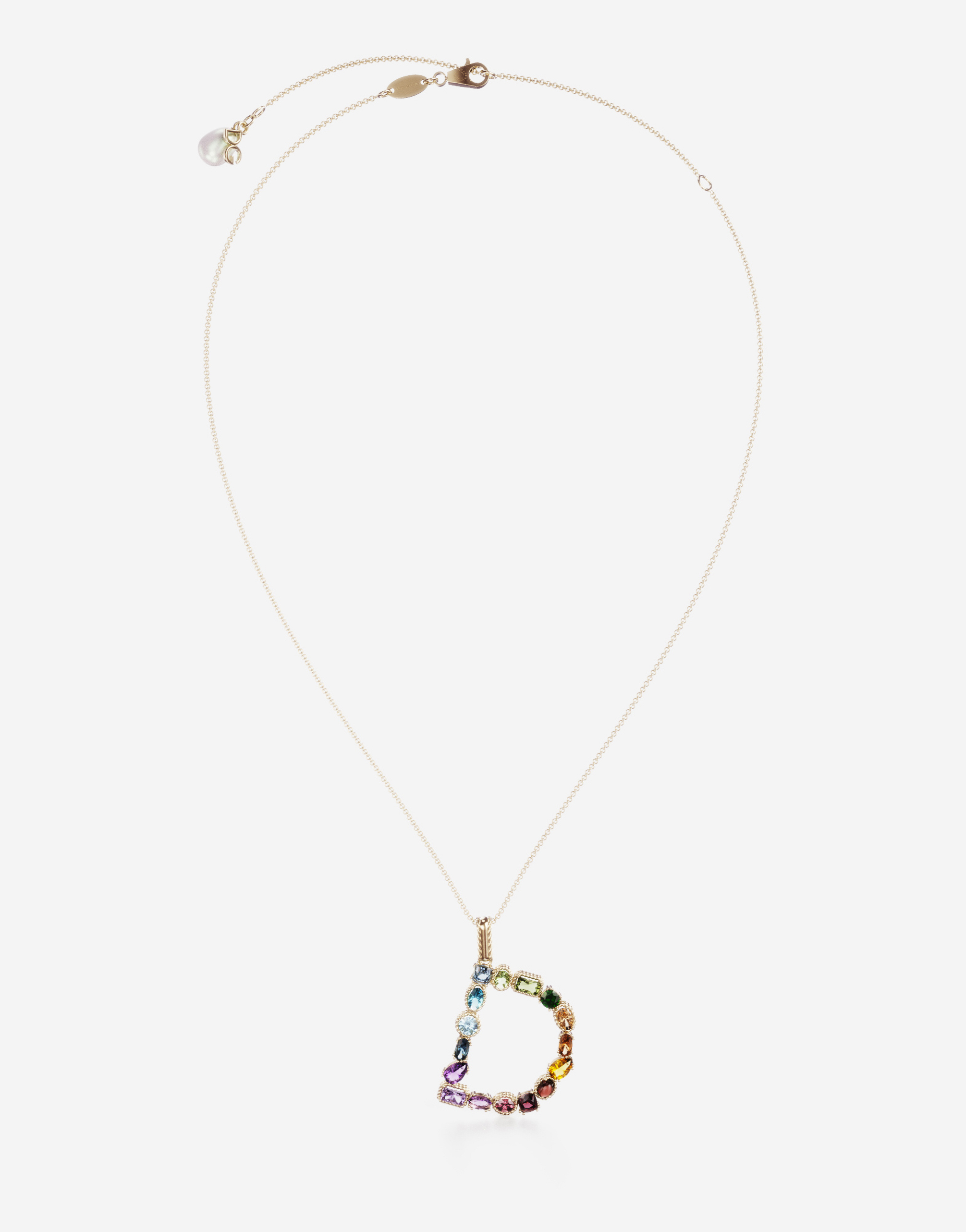 Rainbow alphabet D pendant in yellow gold with multicolor fine gems in Gold