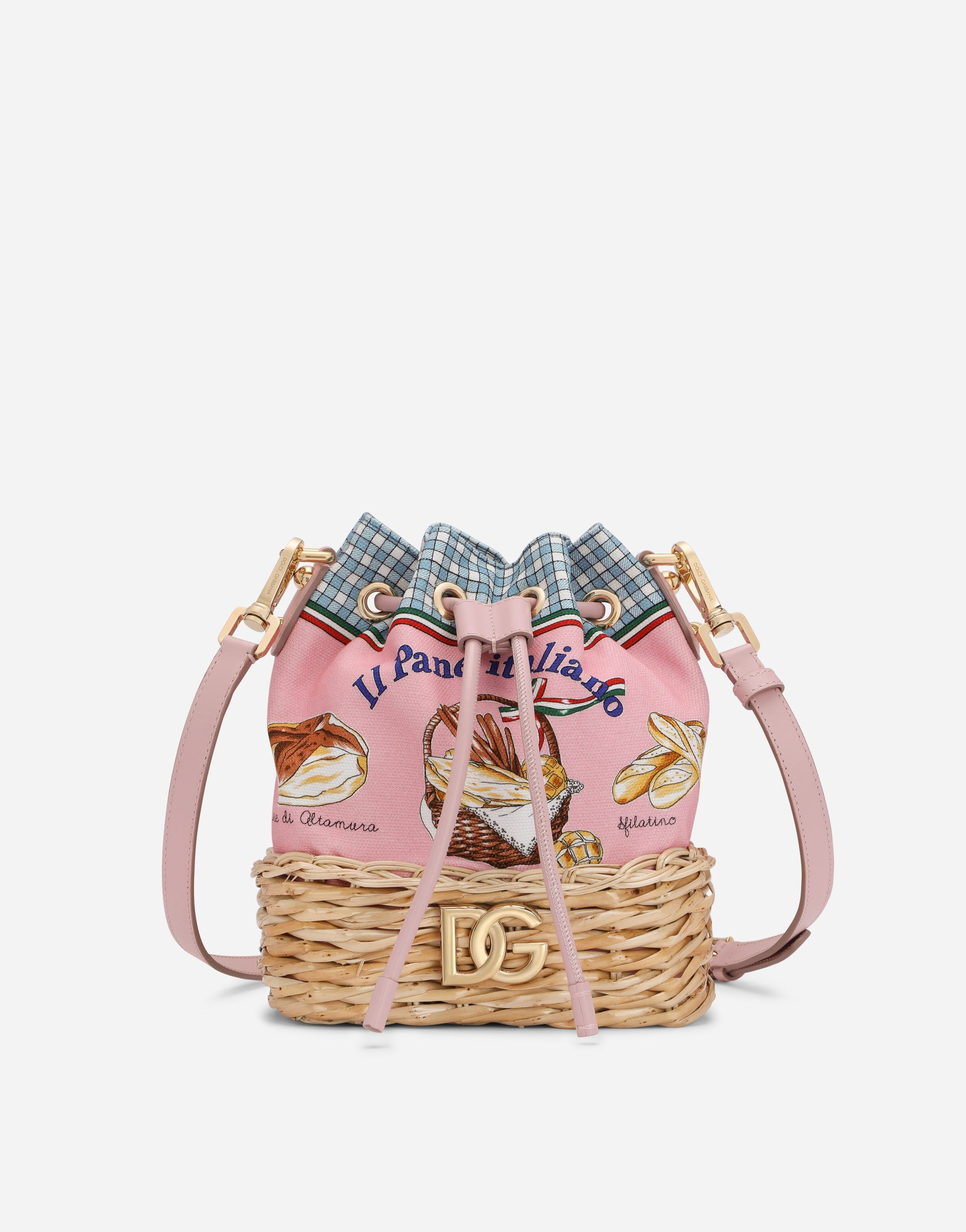Dolce & Gabbana Printed Canvas And Wicker Bucket Bag In Multicolor
