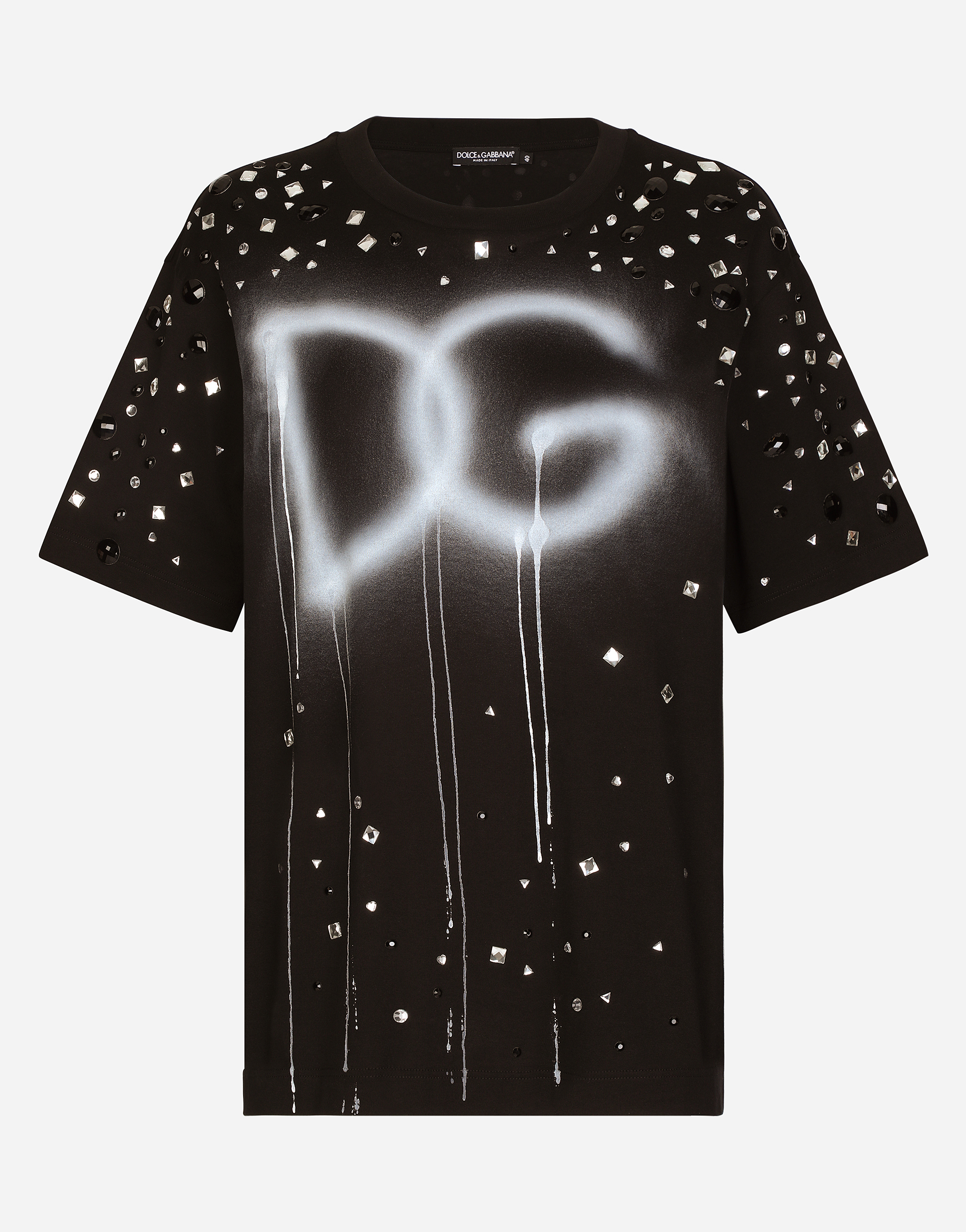 Jersey T-shirt with DG logo print with rhinestones in Black