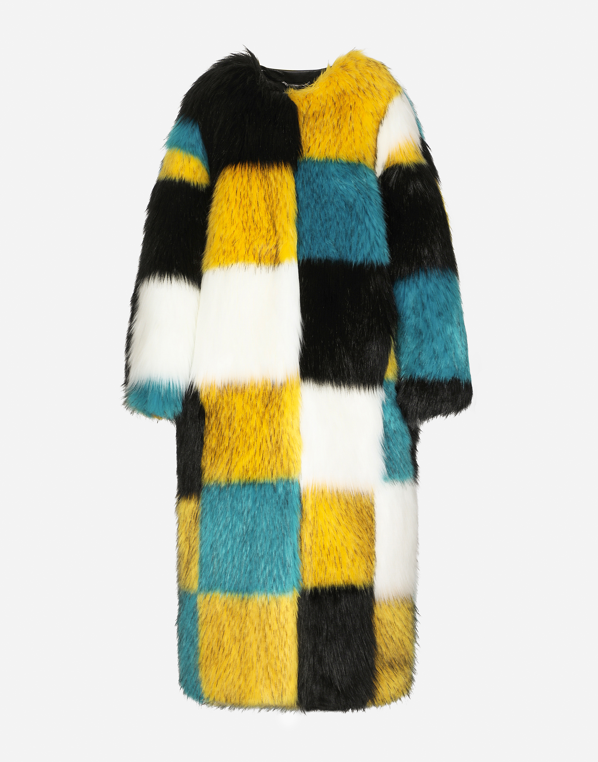 Damier-design long-hair faux fur coat in Multicolor