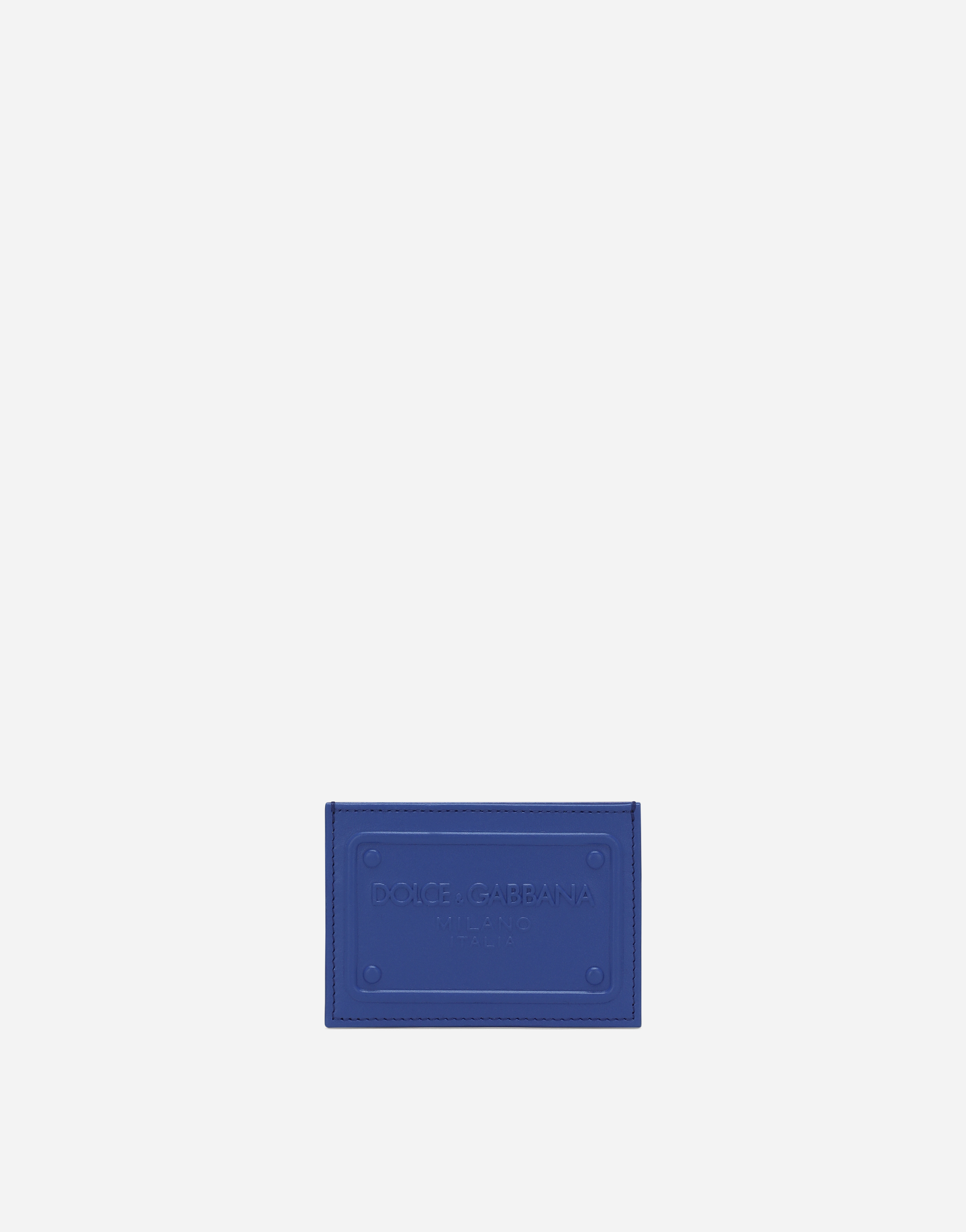 Calfskin card holder with raised logo in Blue