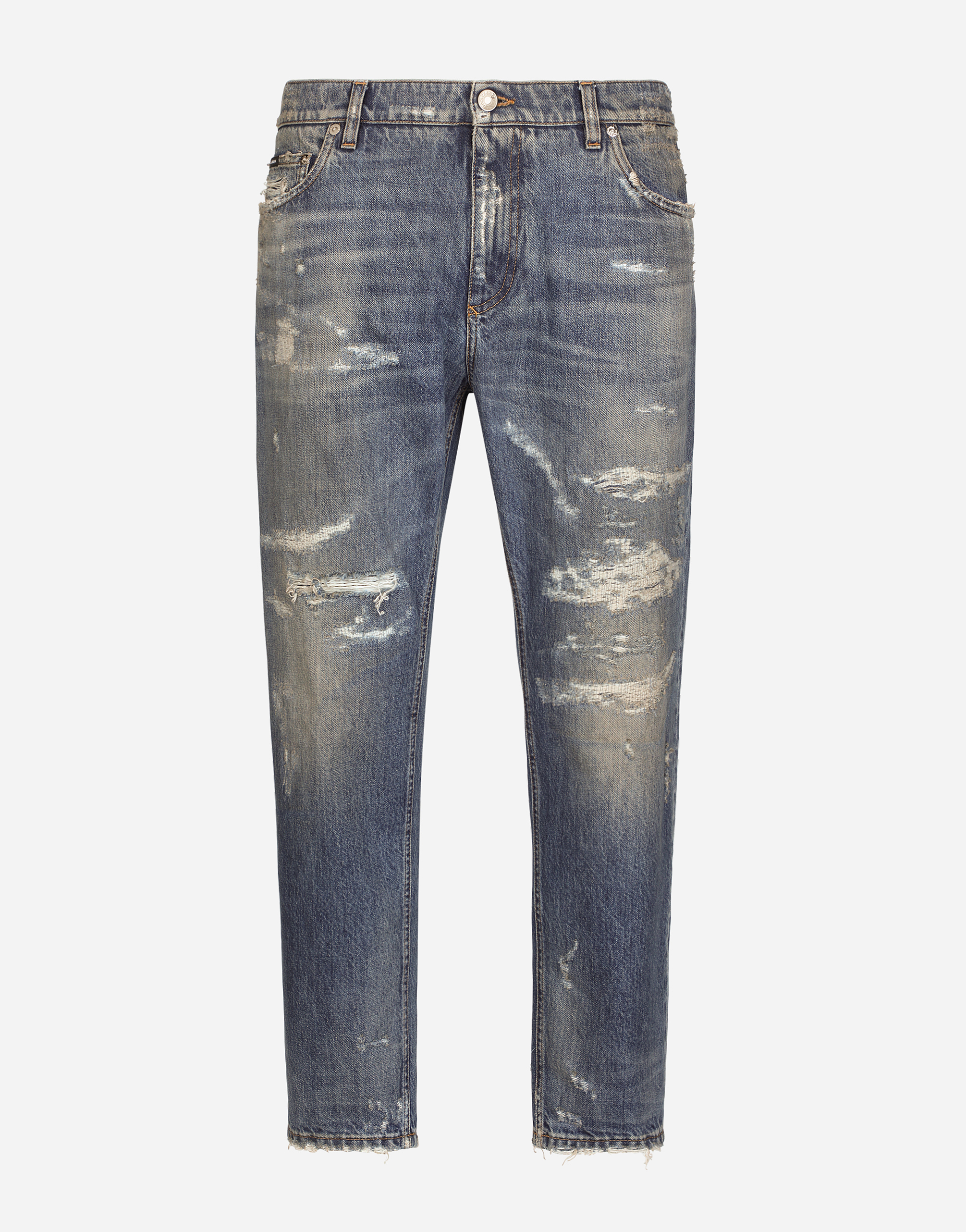 Loose mid blue jeans with stitched rips in Multicolor