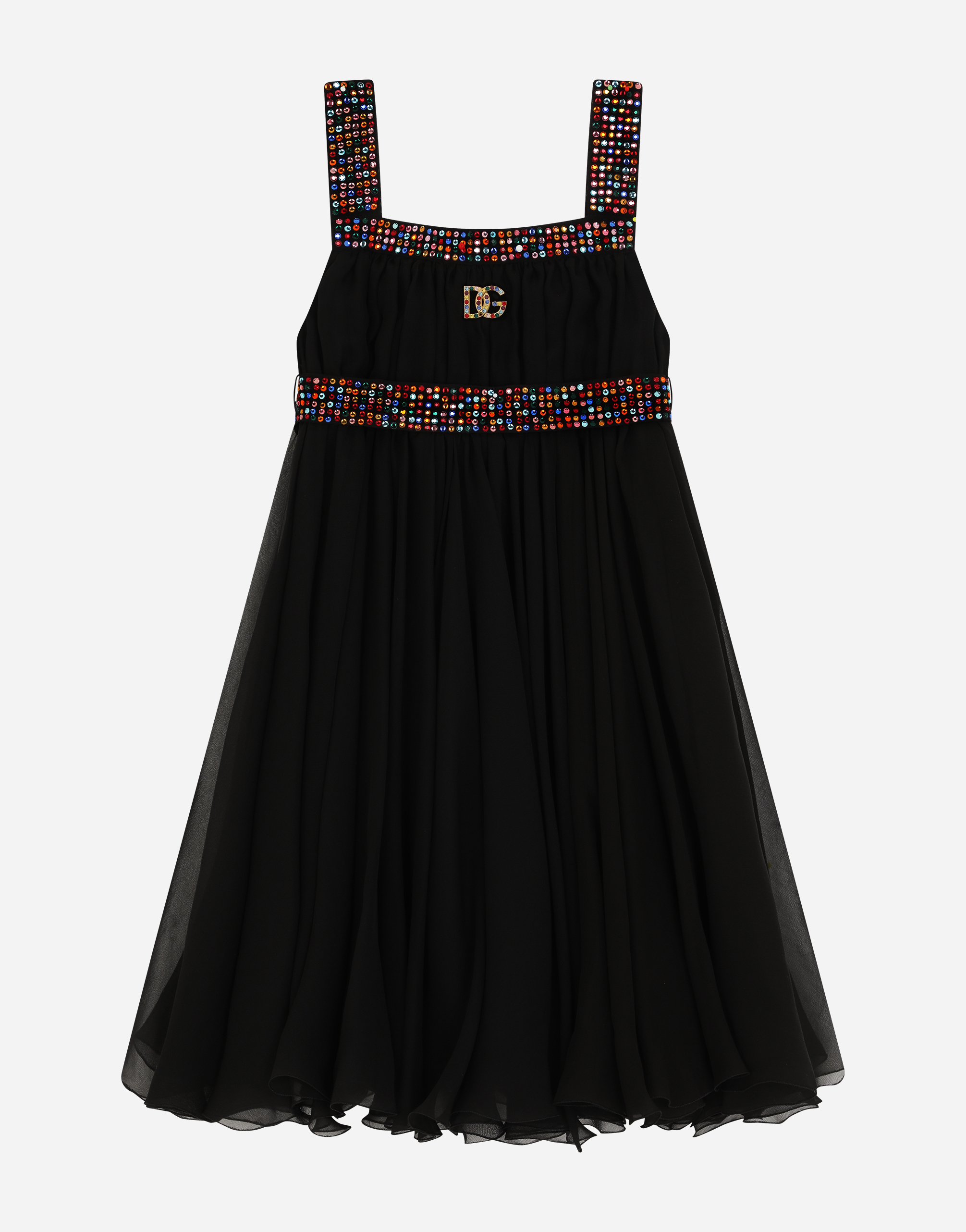 Long chiffon dress with fusible rhinestone detailing in Black