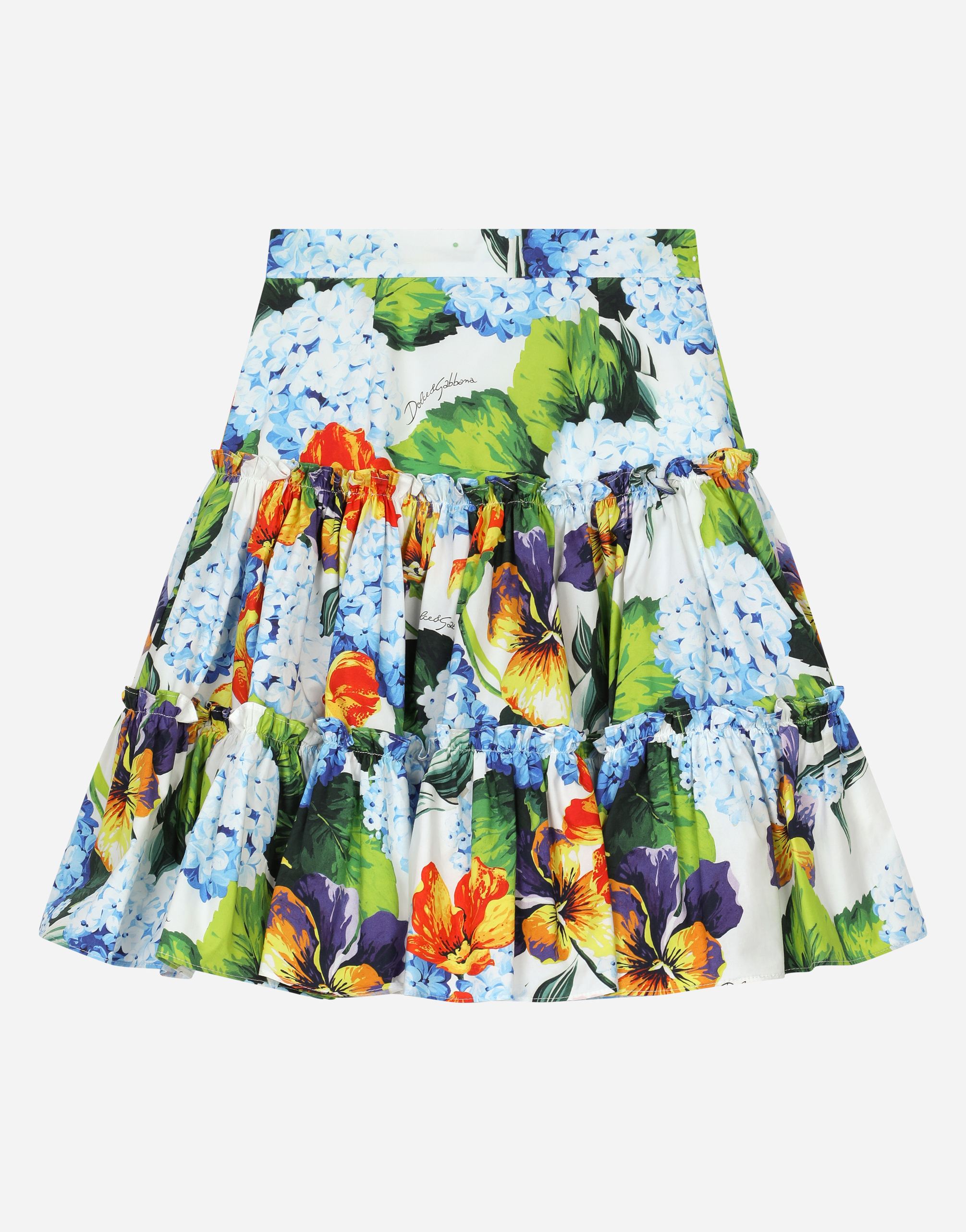 Long hydrangea-print poplin skirt in Multicolor