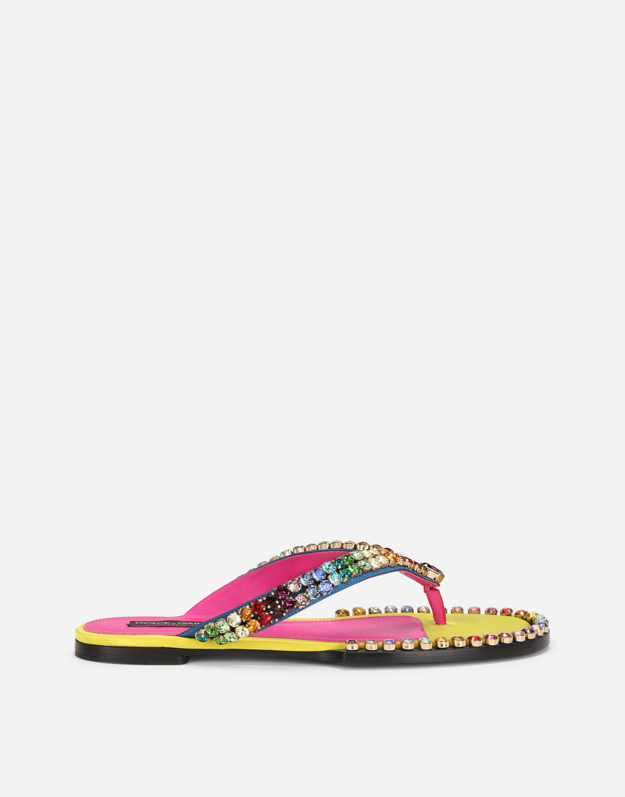 Leather thong sandals with multi-colored crystals in Multicolor