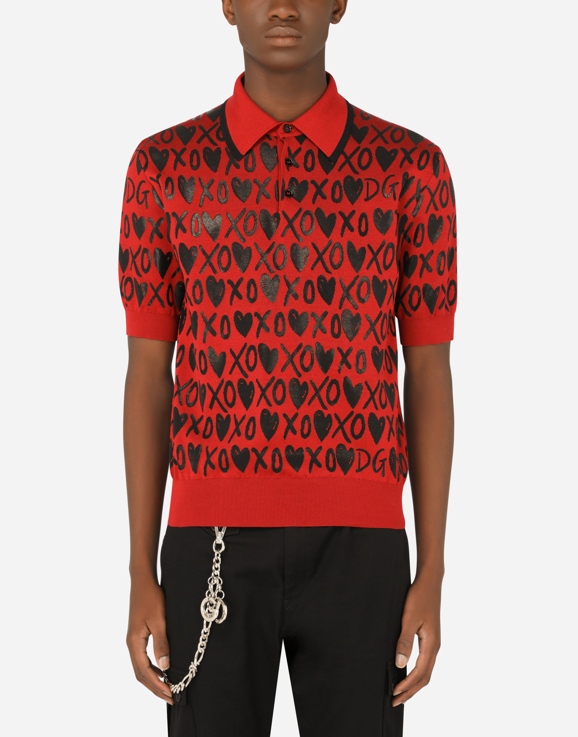 Short-sleeved silk jacquard polo-shirt with heart detailing in Multicolor